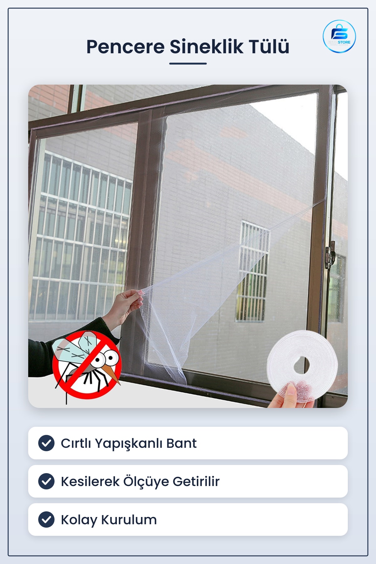 Pencere Sineklikİ Çift Kanat Uyumlu Tül Sineklik 130x150 cm Beyaz Cırtlı Yapışkanlı Bantlı
