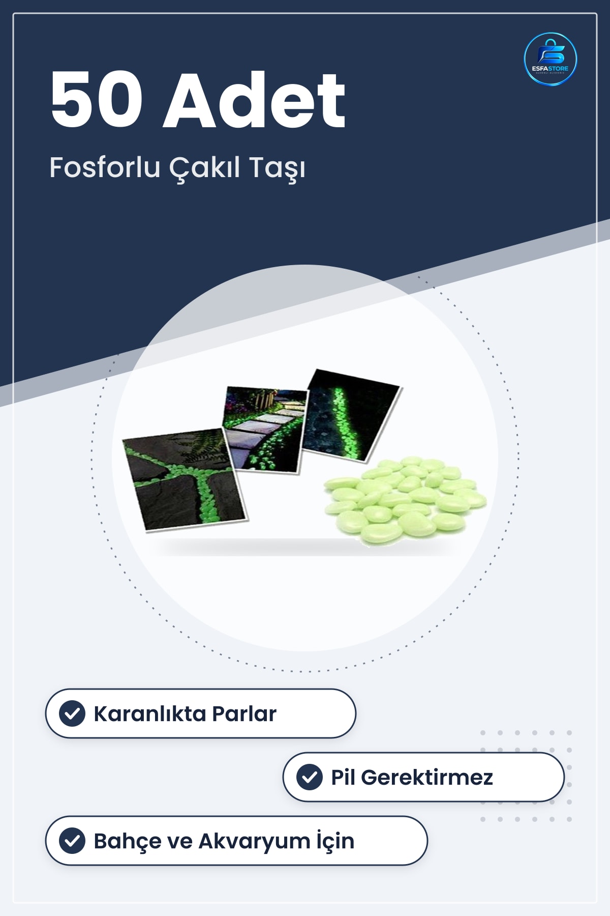 Gece Karanlıkta Parlayan Dekoratif Fosforlu Çakıl Taşları 50 Adet Bahçe Saksı Akvaryum Işıltılı