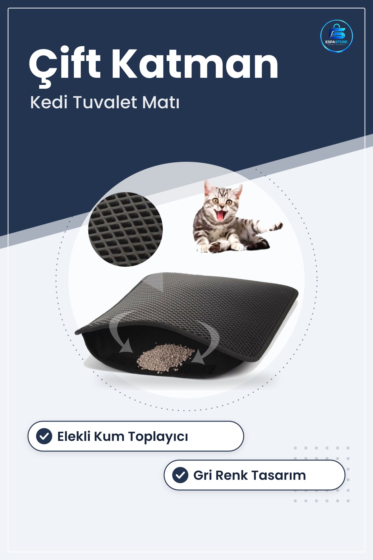 Kedi Tuvalet Önü Paspası Elekli Kum Toplayıcı Gri Temizleyici Evcil Hayvan Matı Kullanışlı