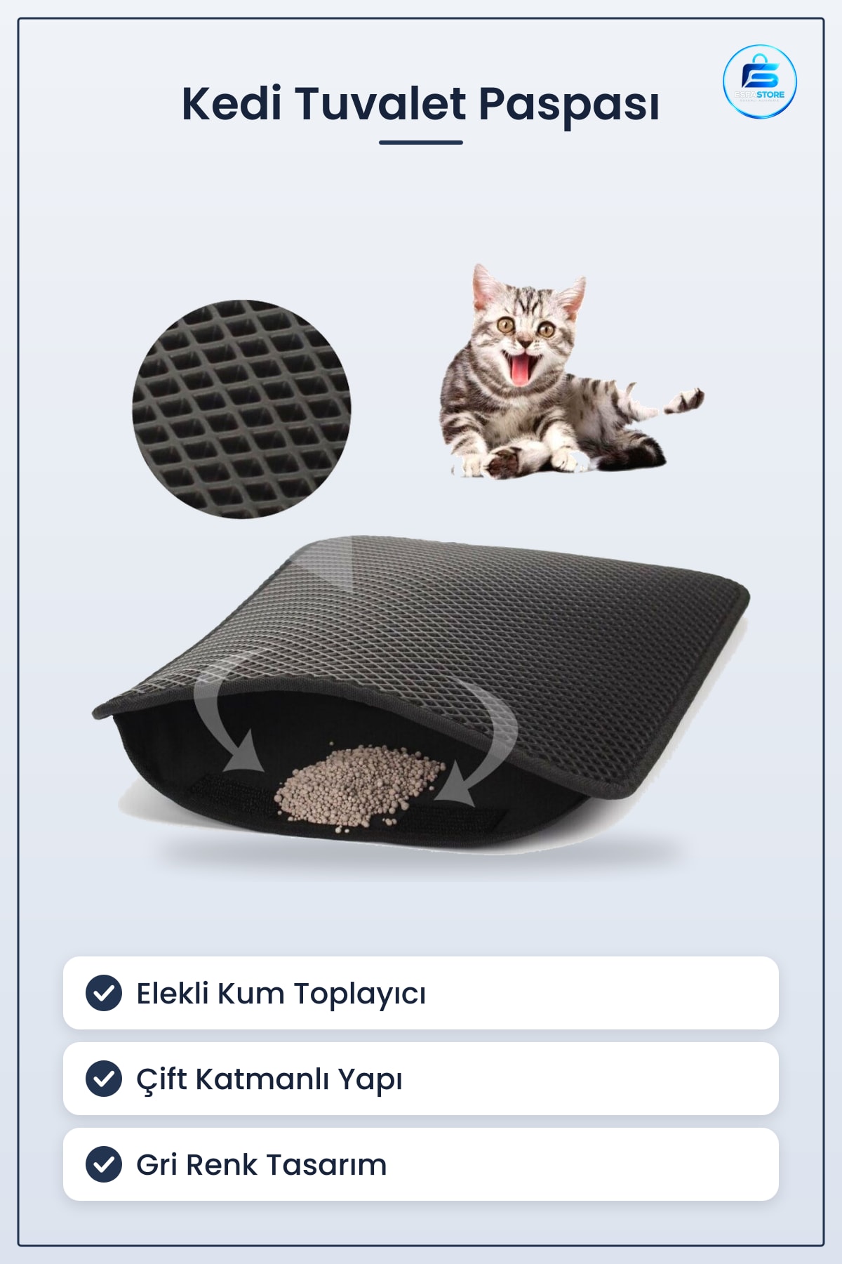 Kedi Tuvalet Önü Paspası Elekli Kum Toplayıcı Gri Temizleyici Evcil Hayvan Matı Kullanışlı
