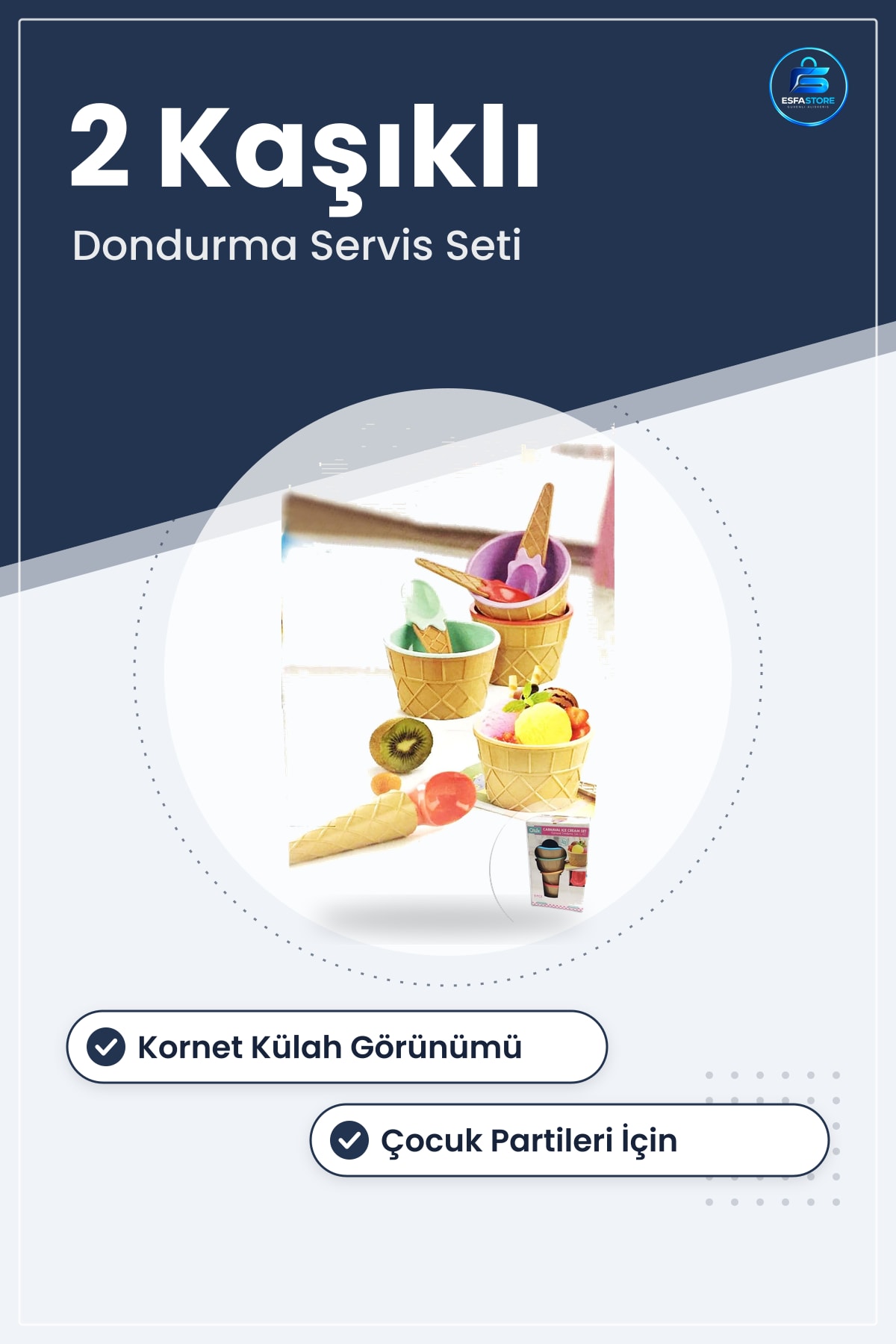 Dekoratif Kornet Külah Şekilli Dondurma Servis Kasesi Kaşığı Seti 2 Kişilik Renkli Tasarım