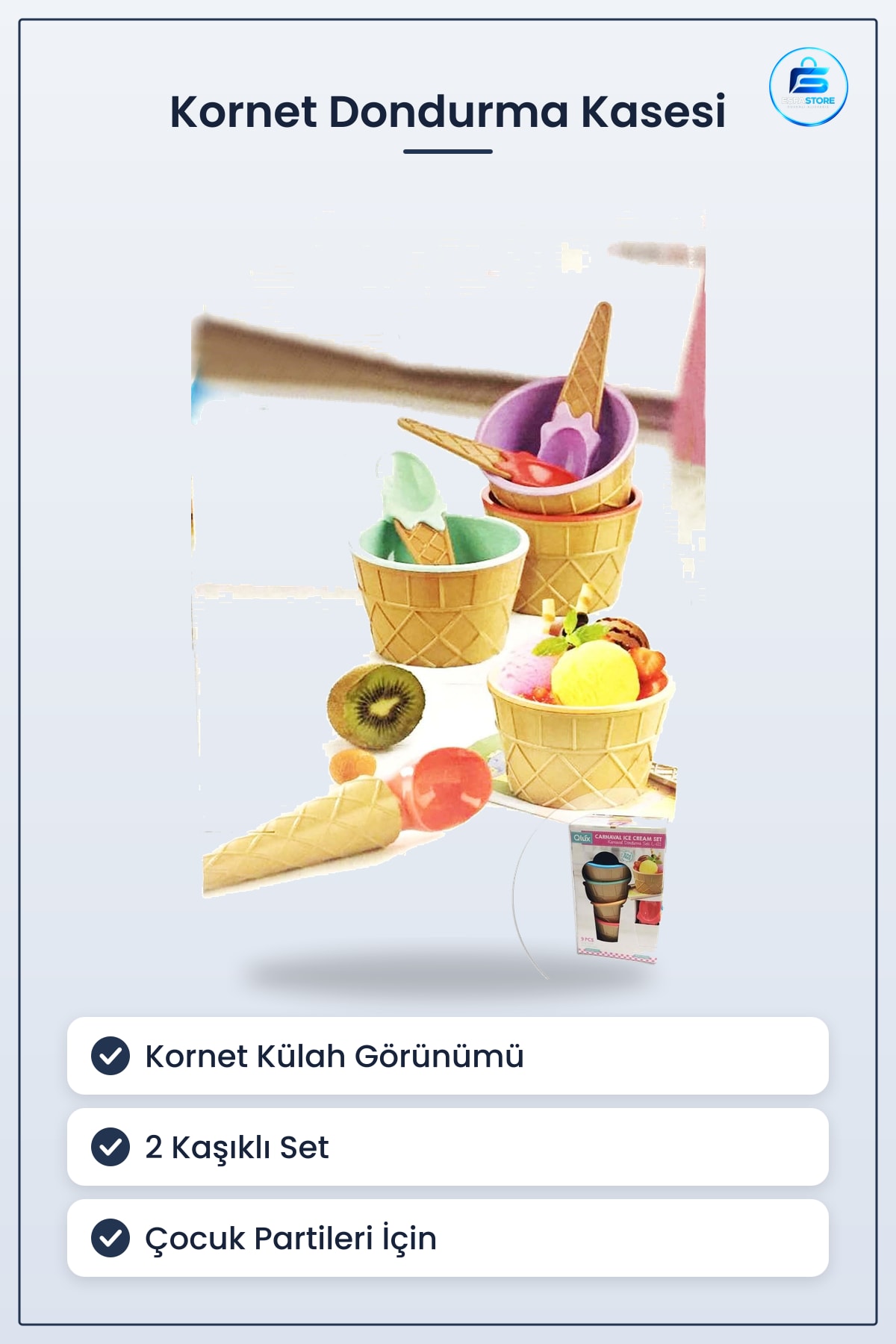 Dekoratif Kornet Külah Şekilli Dondurma Servis Kasesi Kaşığı Seti 2 Kişilik Renkli Tasarım