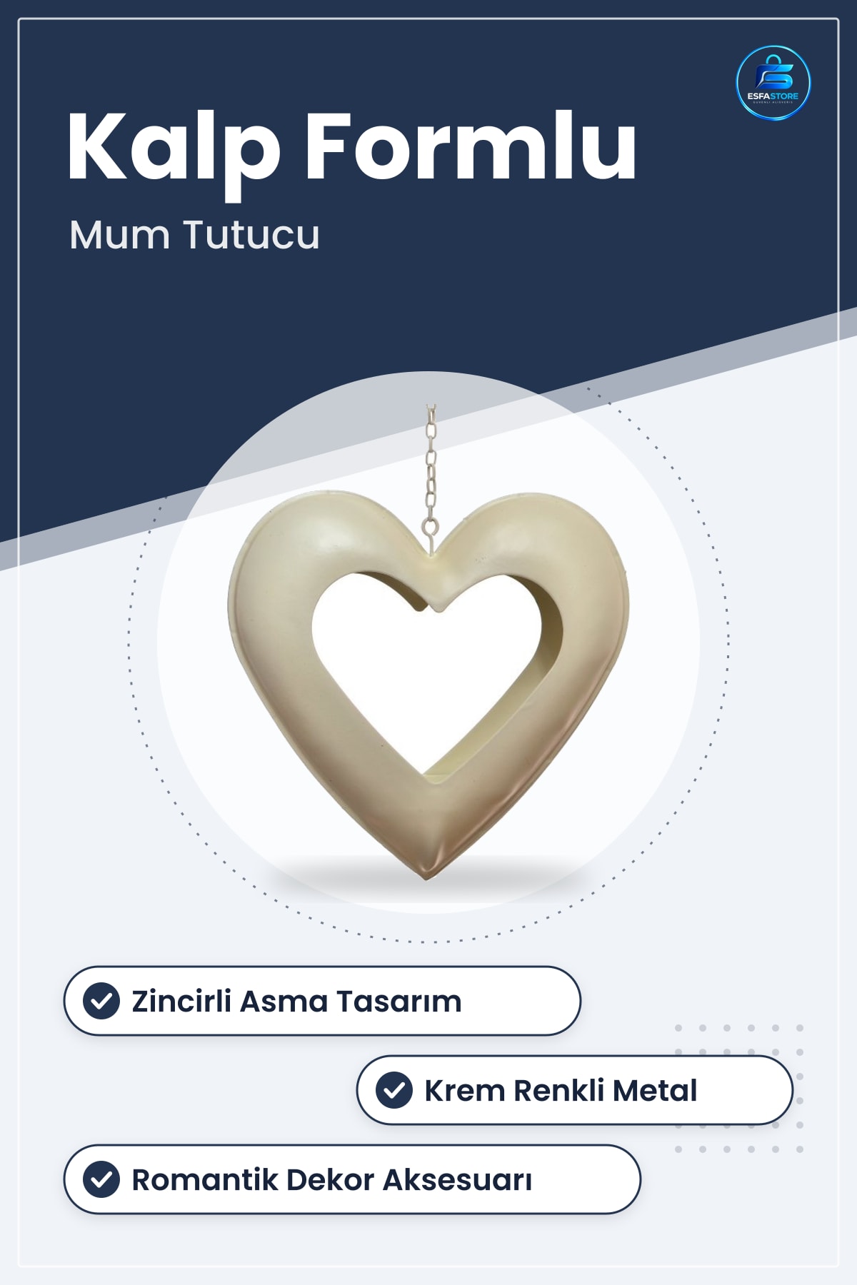 Krem Renkli Kalp Motifli Metal Dekoratif Mum Tutucu Stand Zincirli Asma Süs Aksesuarı