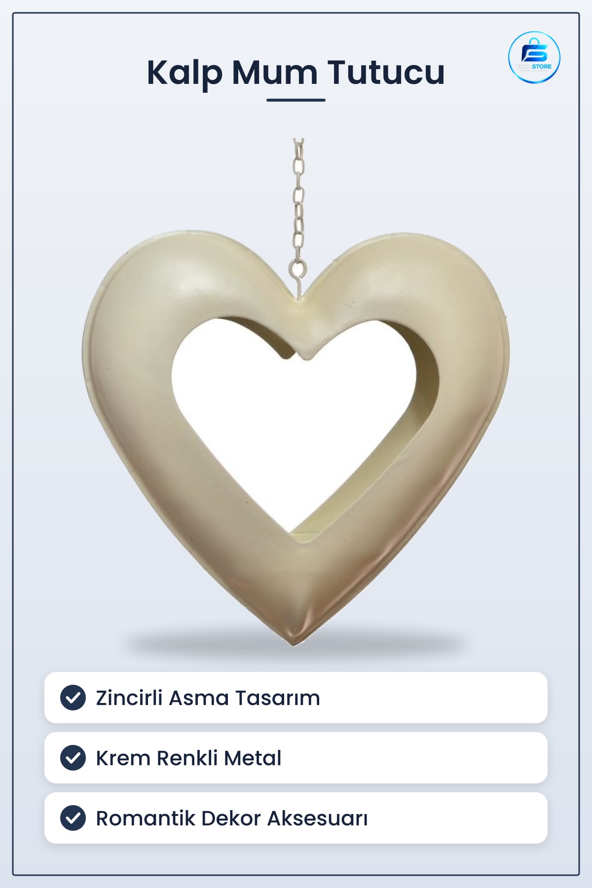 Krem Renkli Kalp Motifli Metal Dekoratif Mum Tutucu Stand Zincirli Asma Süs Aksesuarı