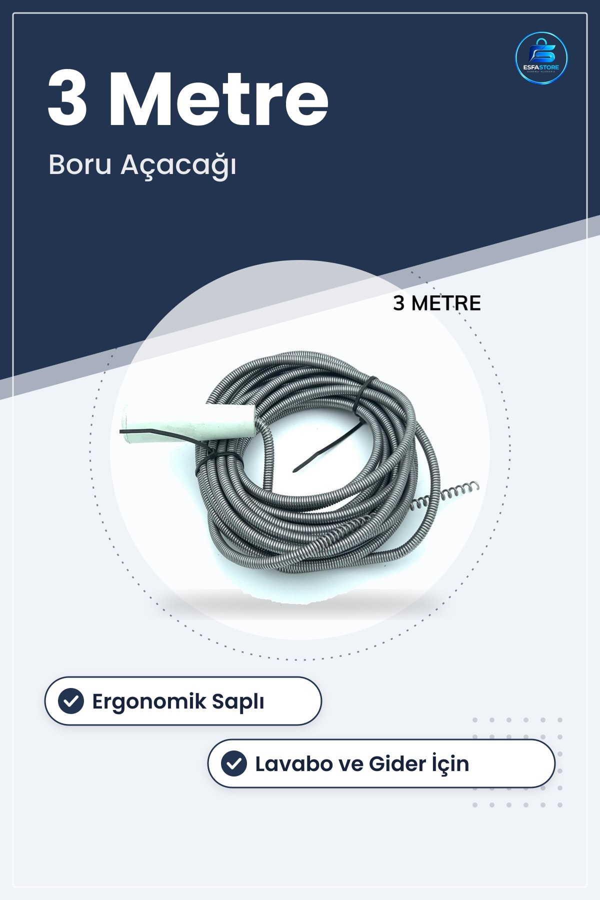 Lavabo ve Gider Boru Açacağı Ergonomik Saplı Tıkanıklık Açıcı Kullanımı Kolay Spiral Yay 3 Metre