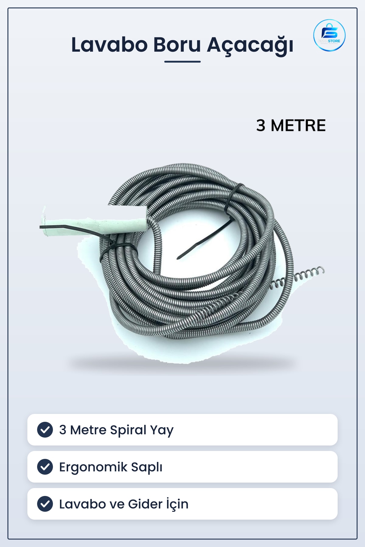 Lavabo ve Gider Boru Açacağı Ergonomik Saplı Tıkanıklık Açıcı Kullanımı Kolay Spiral Yay 3 Metre