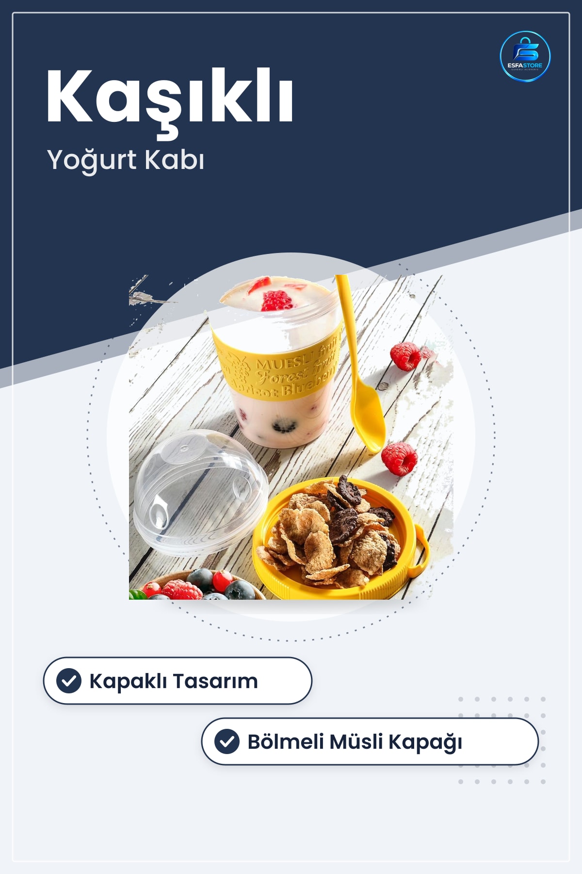 Meyveli Yoğurt Kabı Kapaklı Kaşıklı Müsli Bölmeli Taşınabilir Hazırla ve Çık Kahvaltılık