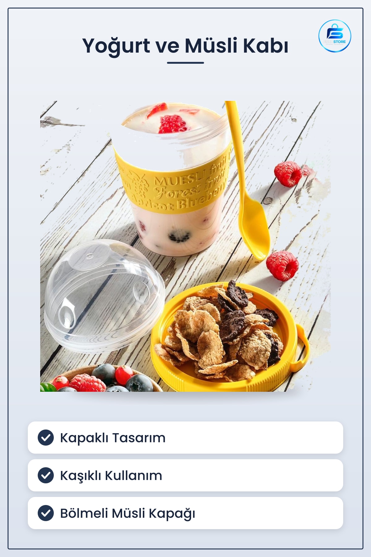 Meyveli Yoğurt Kabı Kapaklı Kaşıklı Müsli Bölmeli Taşınabilir Hazırla ve Çık Kahvaltılık