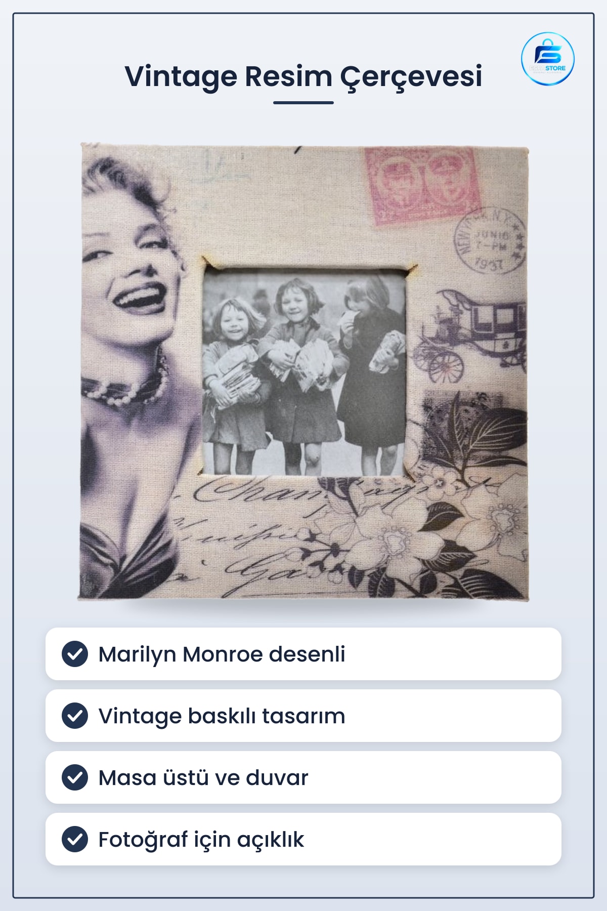 Marilyn Monroe Desenli Ahşap Resim Fotoğraf Çerçevesi Vintage Baskılı Dekoratif Masa Üstü Dekor
