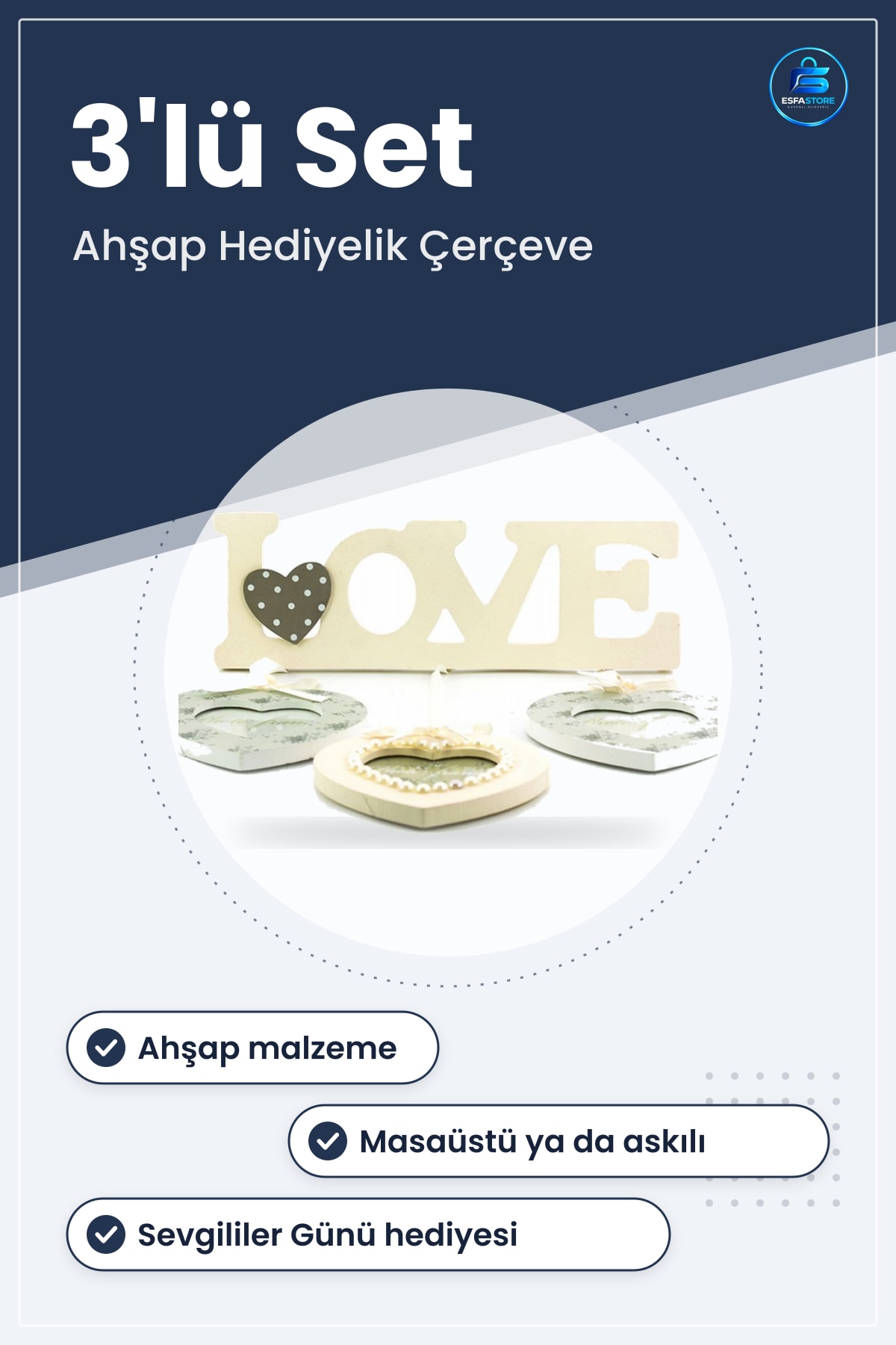 Kalpli Ahşap Fotoğraf Çerçevesi 3lü Love Yazılı Hediyelik Masaüstü Sevgililer Günü Standı
