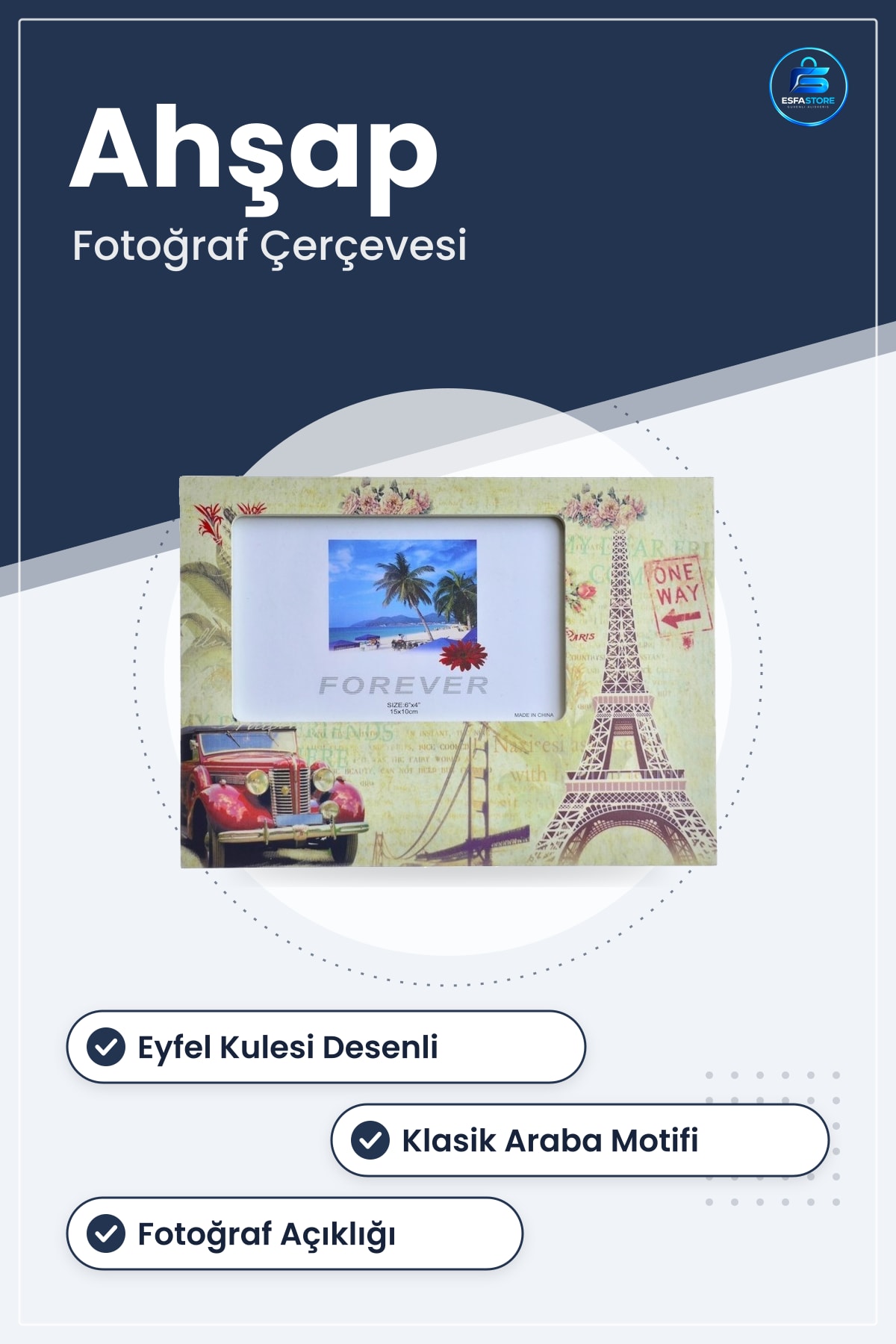 Eyfel Kulesi ve Klasik Araba Desenli Ahşap Fotoğraf Çerçevesi Dekoratif Resim 225 cm 17 2
