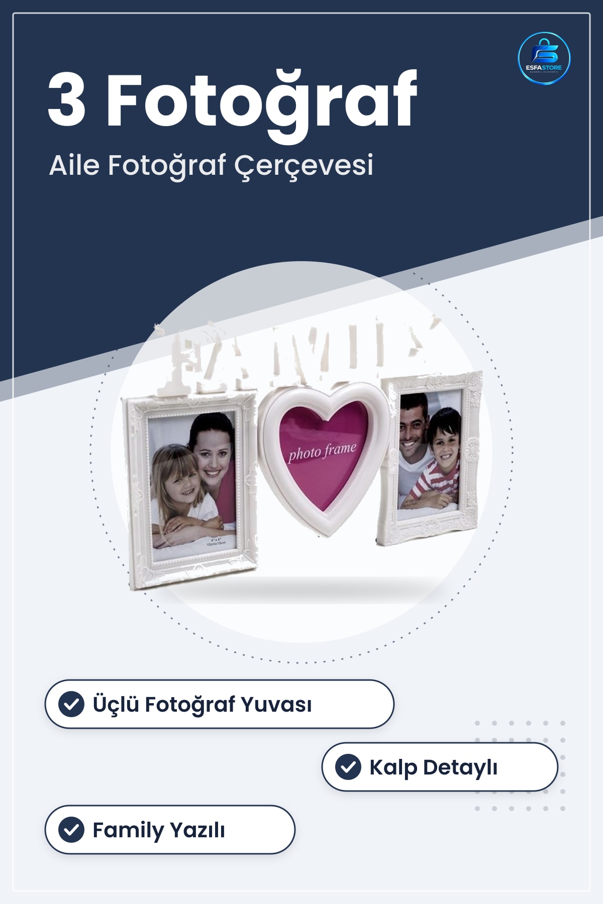 Family Yazılı Kalp Detaylı Dekoratif Fotoğraf Çerçevesi Üçlü Aile Hediyesi Kullanışlı Masaüstü