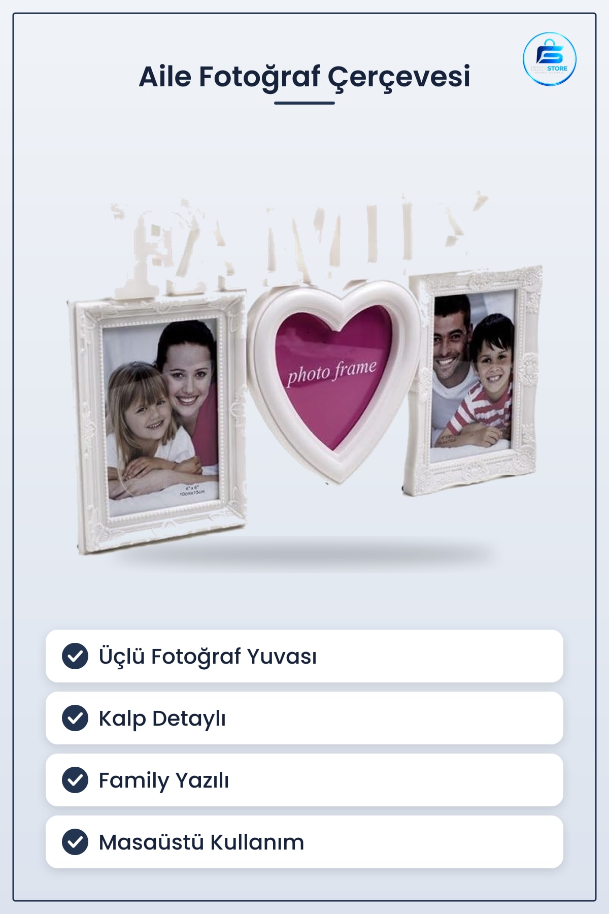 Family Yazılı Kalp Detaylı Dekoratif Fotoğraf Çerçevesi Üçlü Aile Hediyesi Kullanışlı Masaüstü