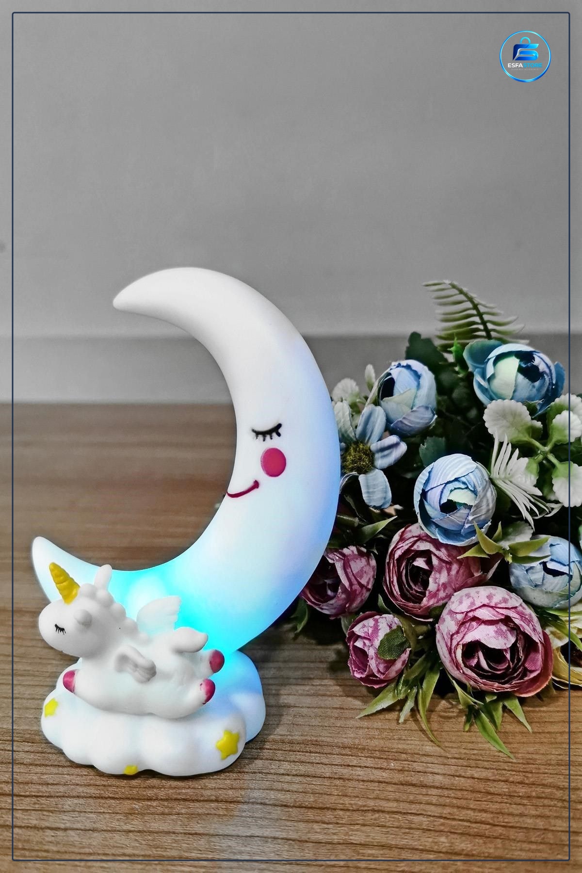 Gece Lambası Ay ve Unicorn Dekorlu Renk Değiştiren Su Yeşili Çocuk Odası Aydınlatması