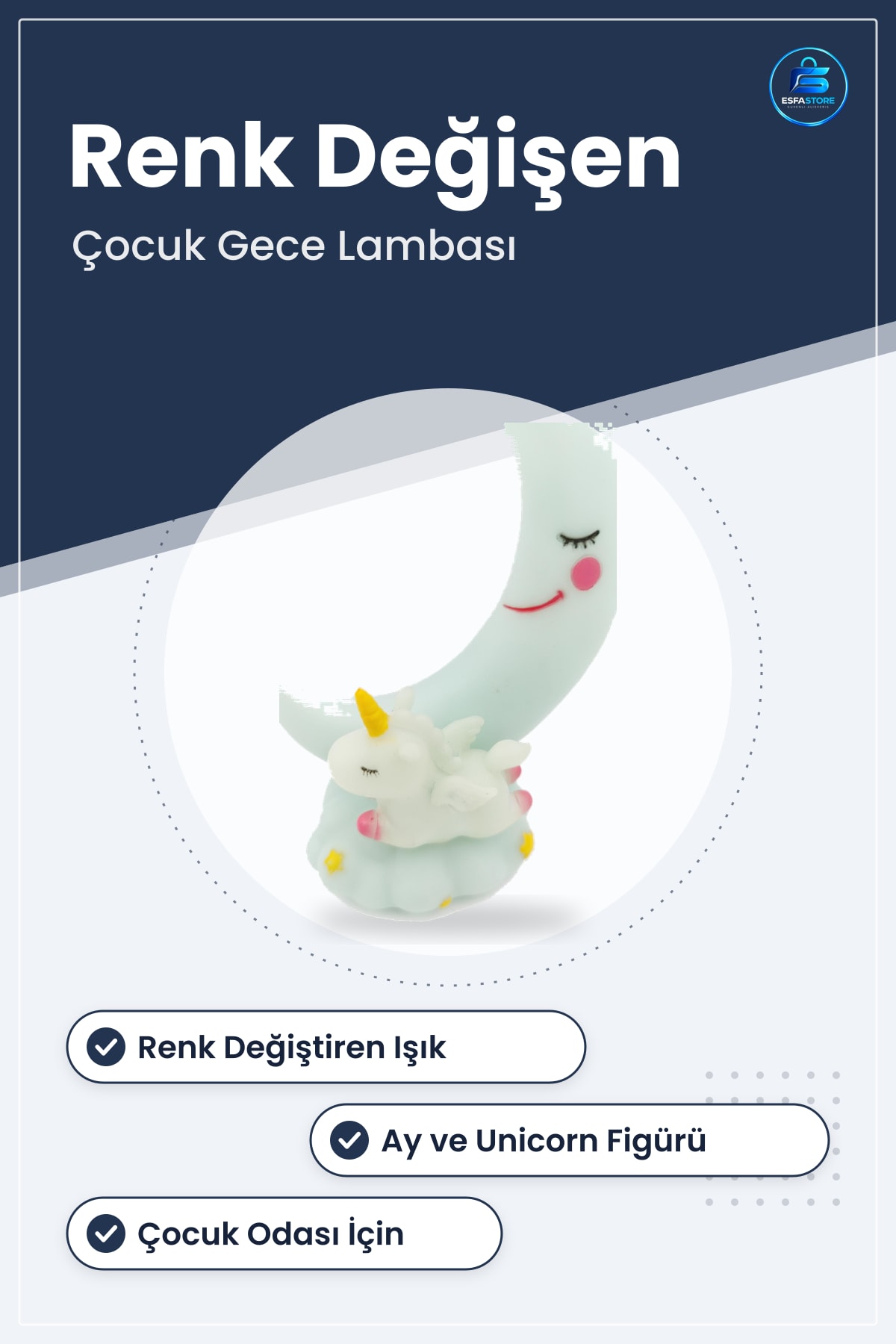 Gece Lambası Ay ve Unicorn Dekorlu Renk Değiştiren Su Yeşili Çocuk Odası Aydınlatması