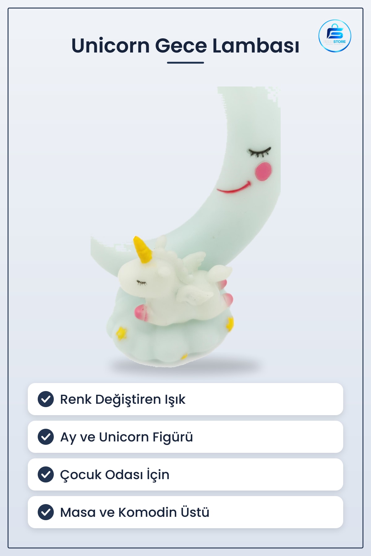 Gece Lambası Ay ve Unicorn Dekorlu Renk Değiştiren Su Yeşili Çocuk Odası Aydınlatması