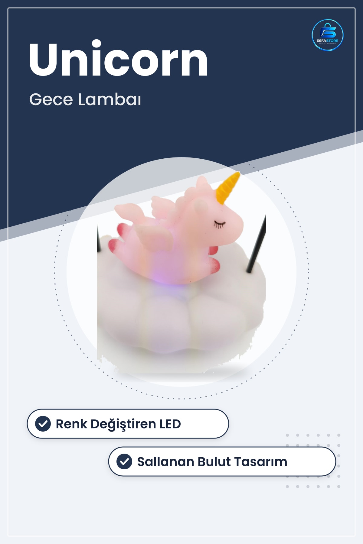 Unicornlu Gece Lambası Renk Değiştiren Sallanan Led Işıklı Bulut Tasarım 19 cm x 10