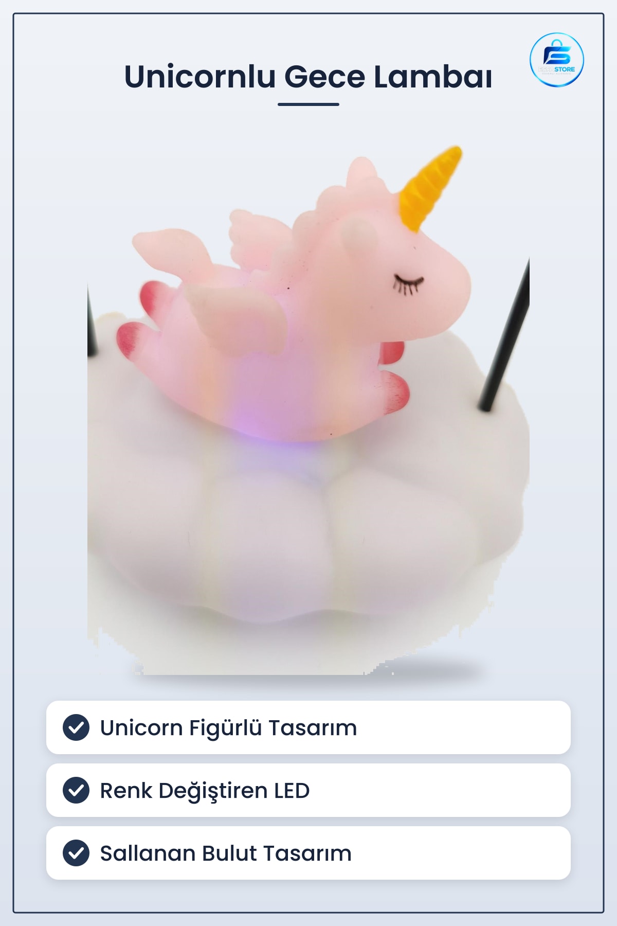 Unicornlu Gece Lambası Renk Değiştiren Sallanan Led Işıklı Bulut Tasarım 19 cm x 10