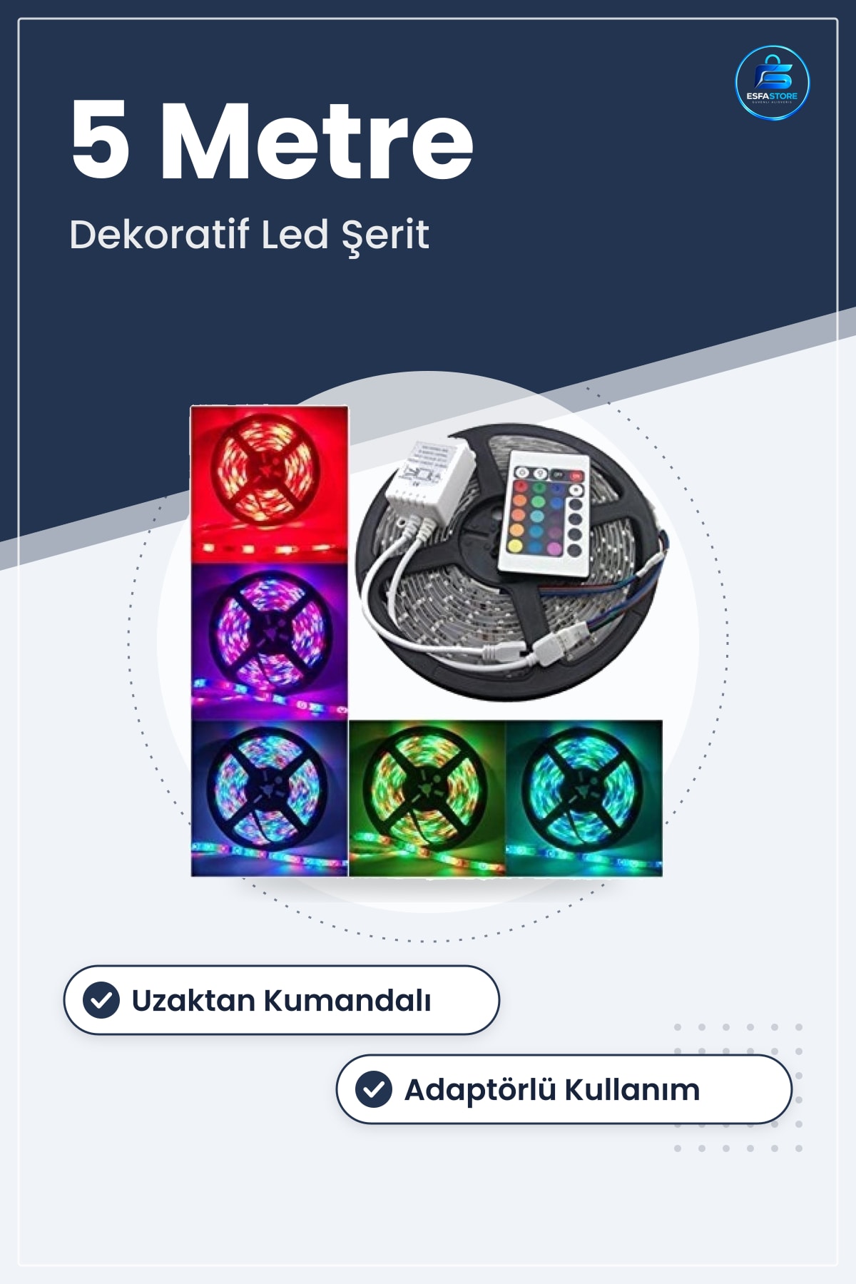 RGB LED Şerit Işık 5 m 20 Fonksiyonlu Uzaktan Kumandalı Adaptörlü Gaming Dekoratif Aydınlatma