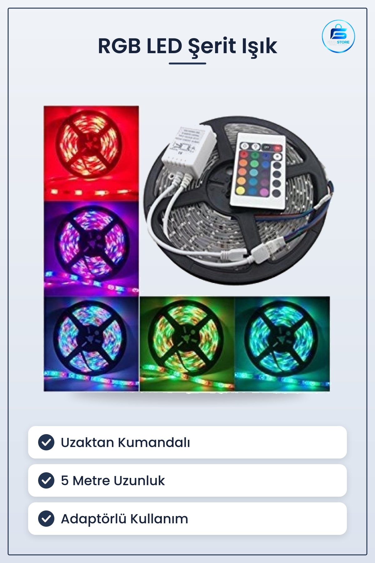 RGB LED Şerit Işık 5 m 20 Fonksiyonlu Uzaktan Kumandalı Adaptörlü Gaming Dekoratif Aydınlatma