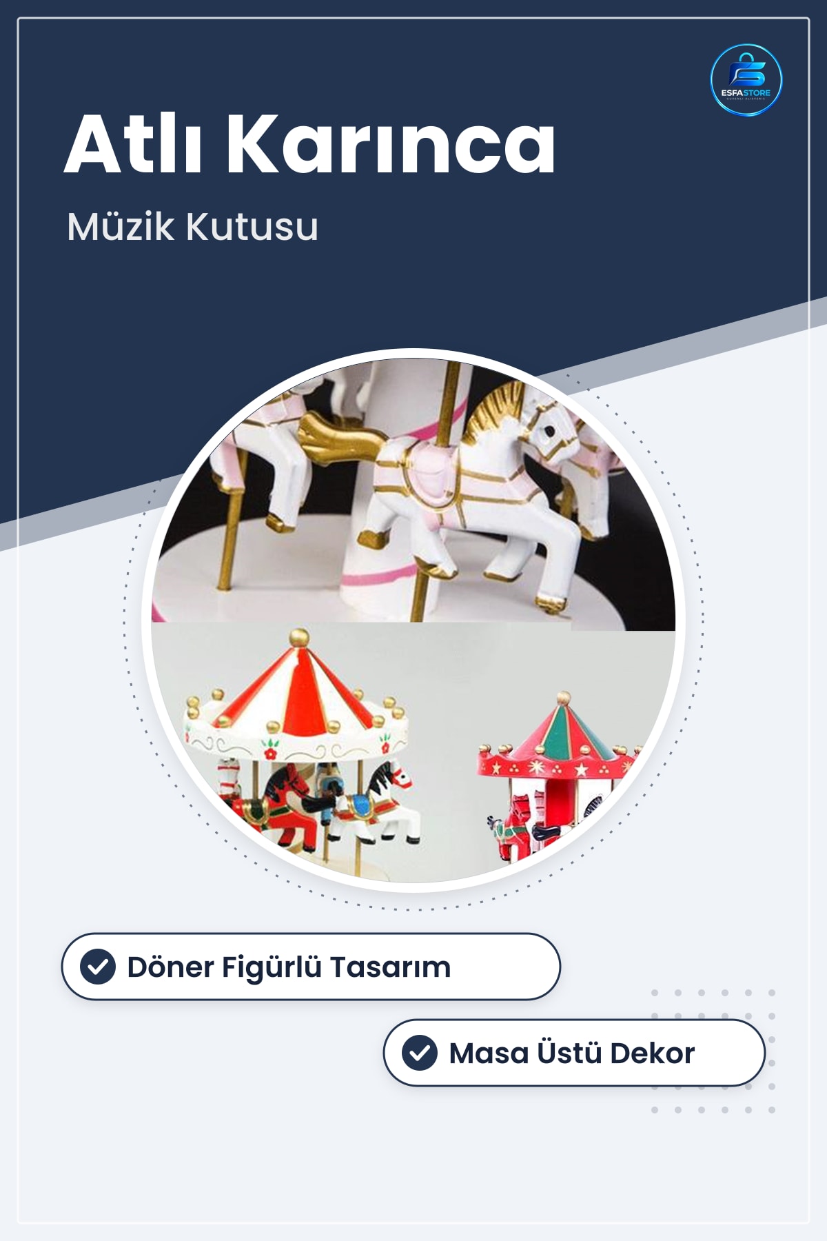 Nostaljik Atlı Karınca Müzik Kutusu Döner Figürlü El Yapımı Hediyelik Masa Üstü Dekoratif