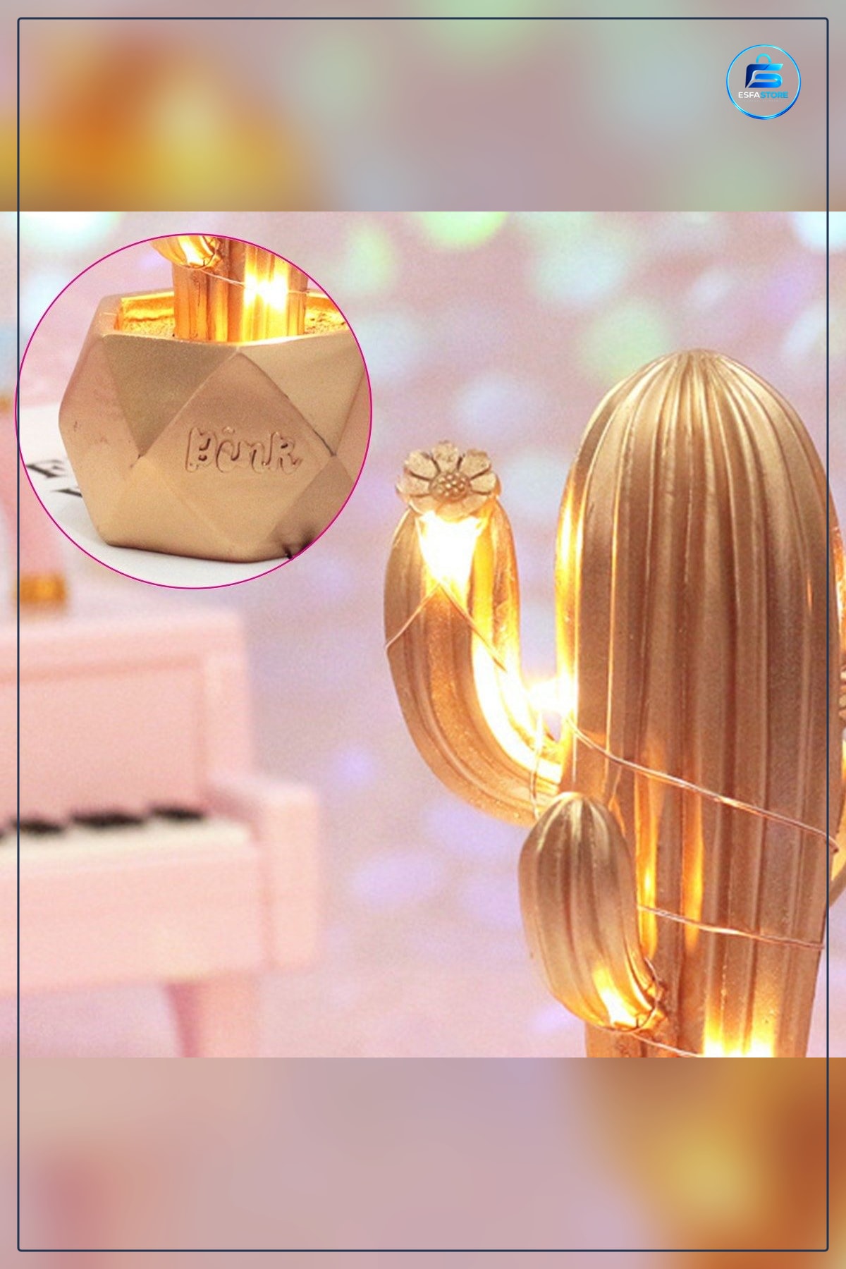 Sevimli Led Işıklı Kaktüs Dekoratif Masa Gold Mini Biblo Gece Lambası Hediyelik Pilli 15x8x7 cm