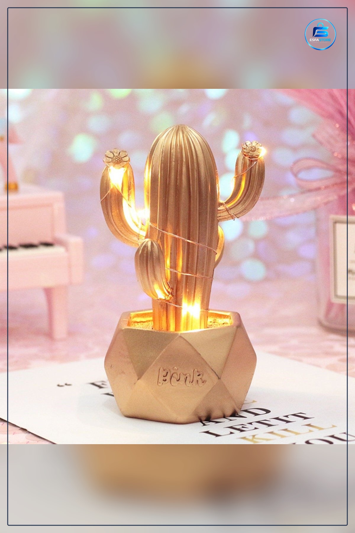 Sevimli Led Işıklı Kaktüs Dekoratif Masa Gold Mini Biblo Gece Lambası Hediyelik Pilli 15x8x7 cm