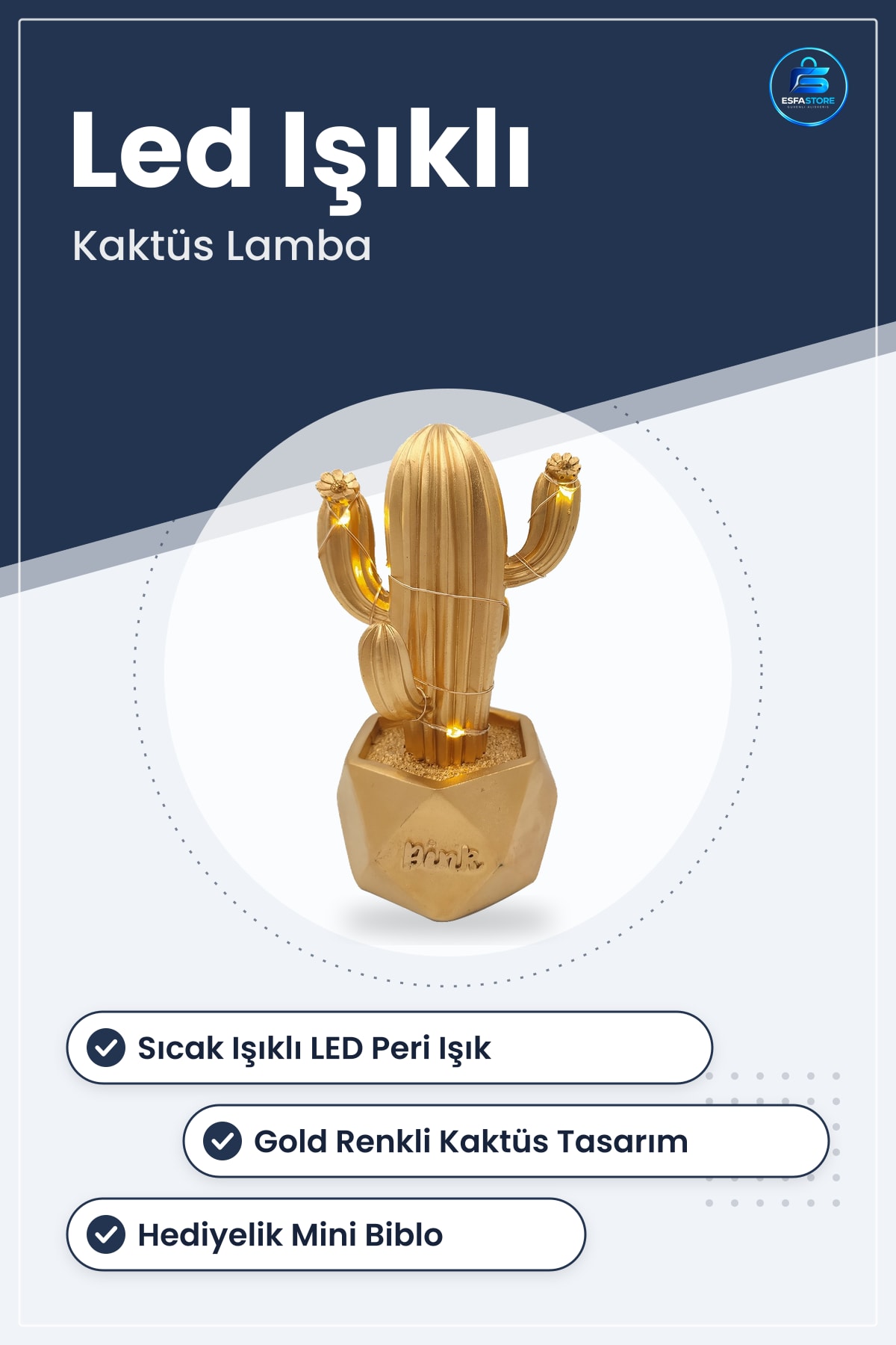 Sevimli Led Işıklı Kaktüs Dekoratif Masa Gold Mini Biblo Gece Lambası Hediyelik Pilli 15x8x7 cm