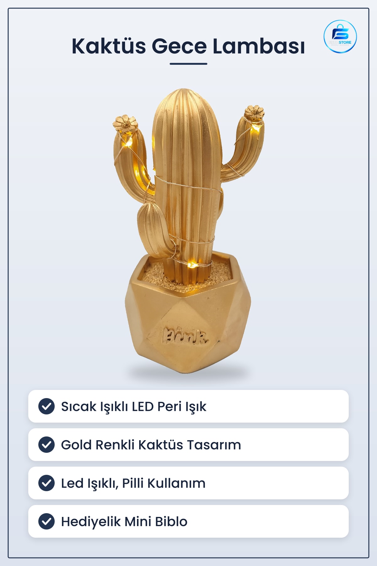 Sevimli Led Işıklı Kaktüs Dekoratif Masa Gold Mini Biblo Gece Lambası Hediyelik Pilli 15x8x7 cm