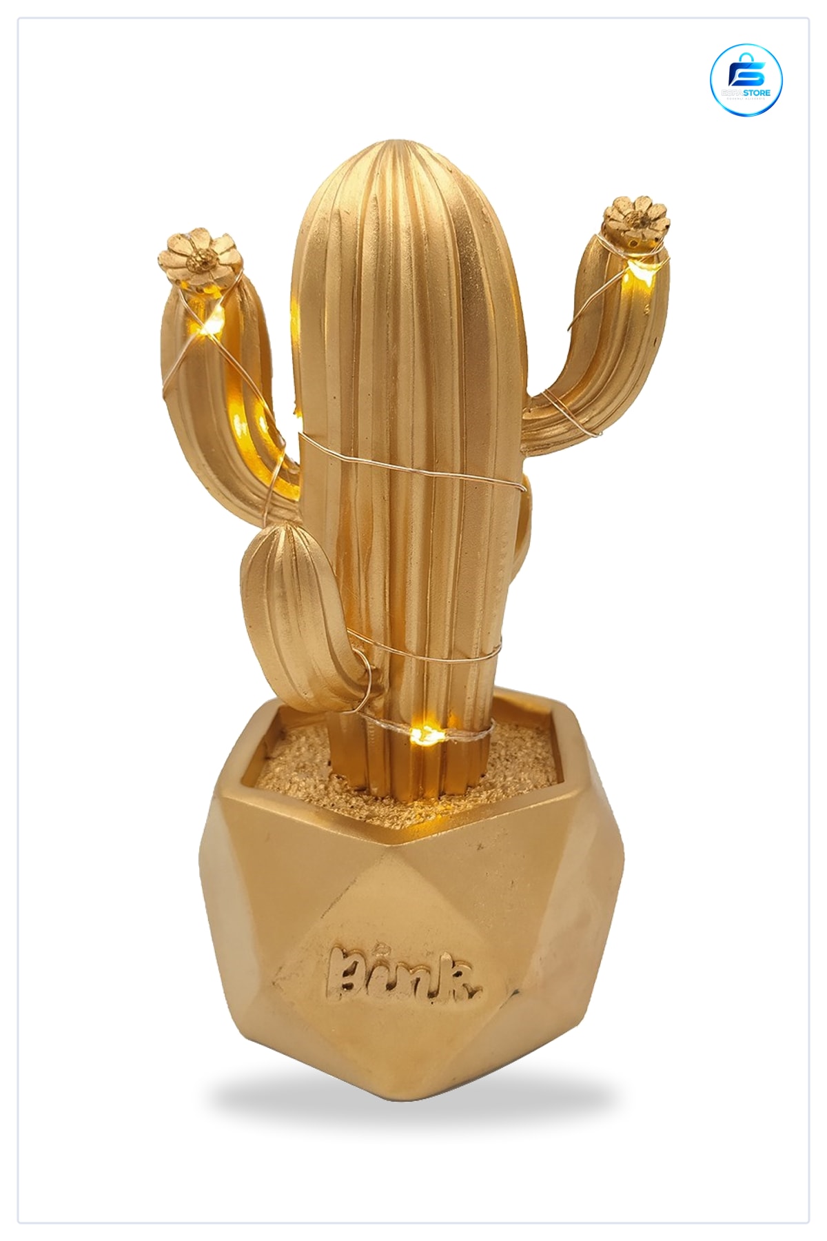 Sevimli Led Işıklı Kaktüs Dekoratif Masa Gold Mini Biblo Gece Lambası Hediyelik Pilli 15x8x7 cm