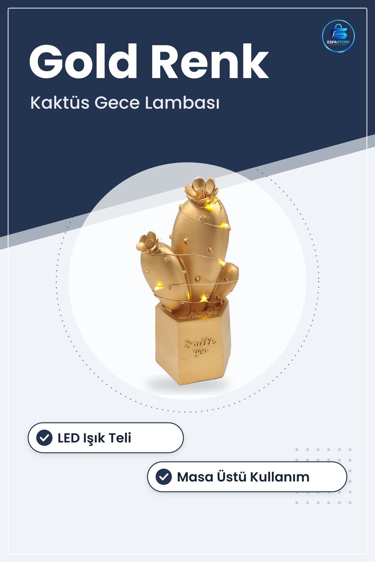 Gece Lambası Kaktüs Led Işıklı Dekoratif Masa Mini Biblo Gold Ev Dekorasyon Hediyelik Obje