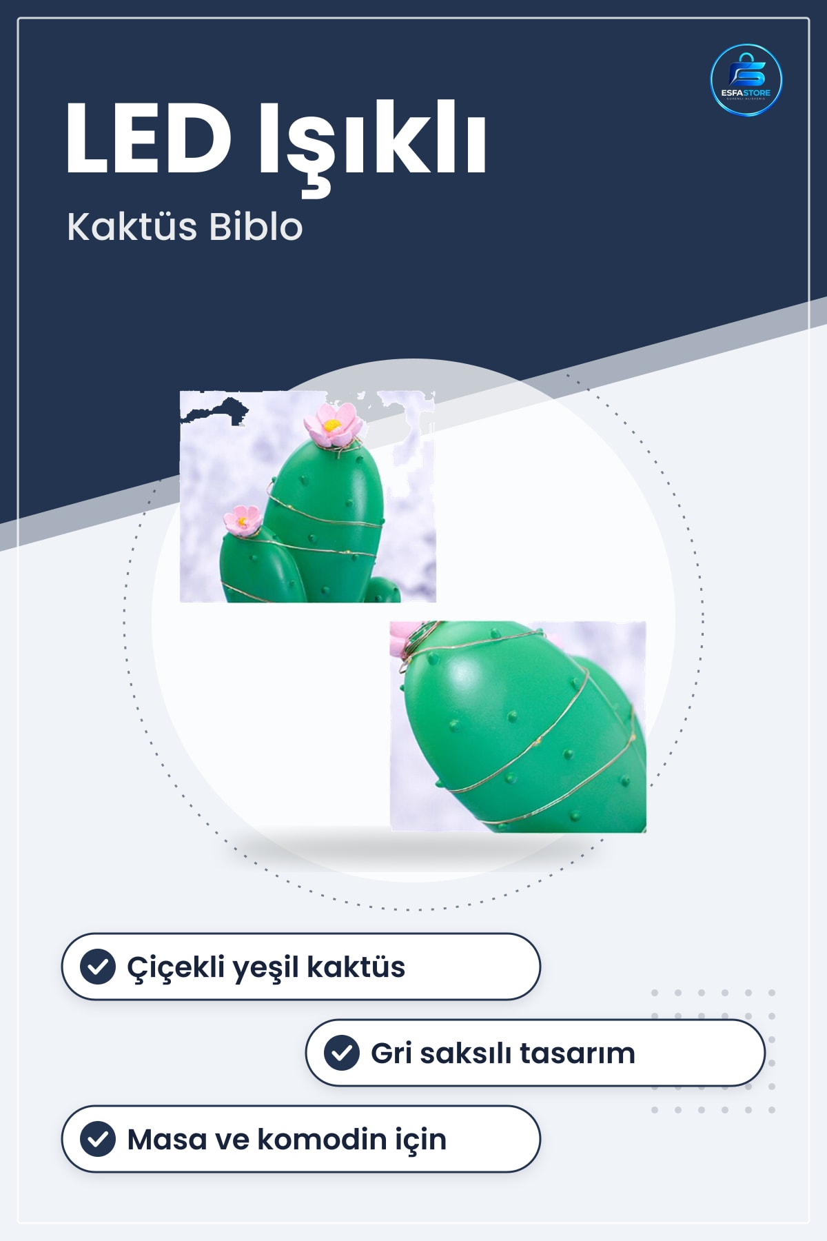 Led Işıklı Kaktüs Biblo Yeşil Masa Gece Lambası Dekoratif Ev Dekorasyon Objesi Hediyelik Eşya