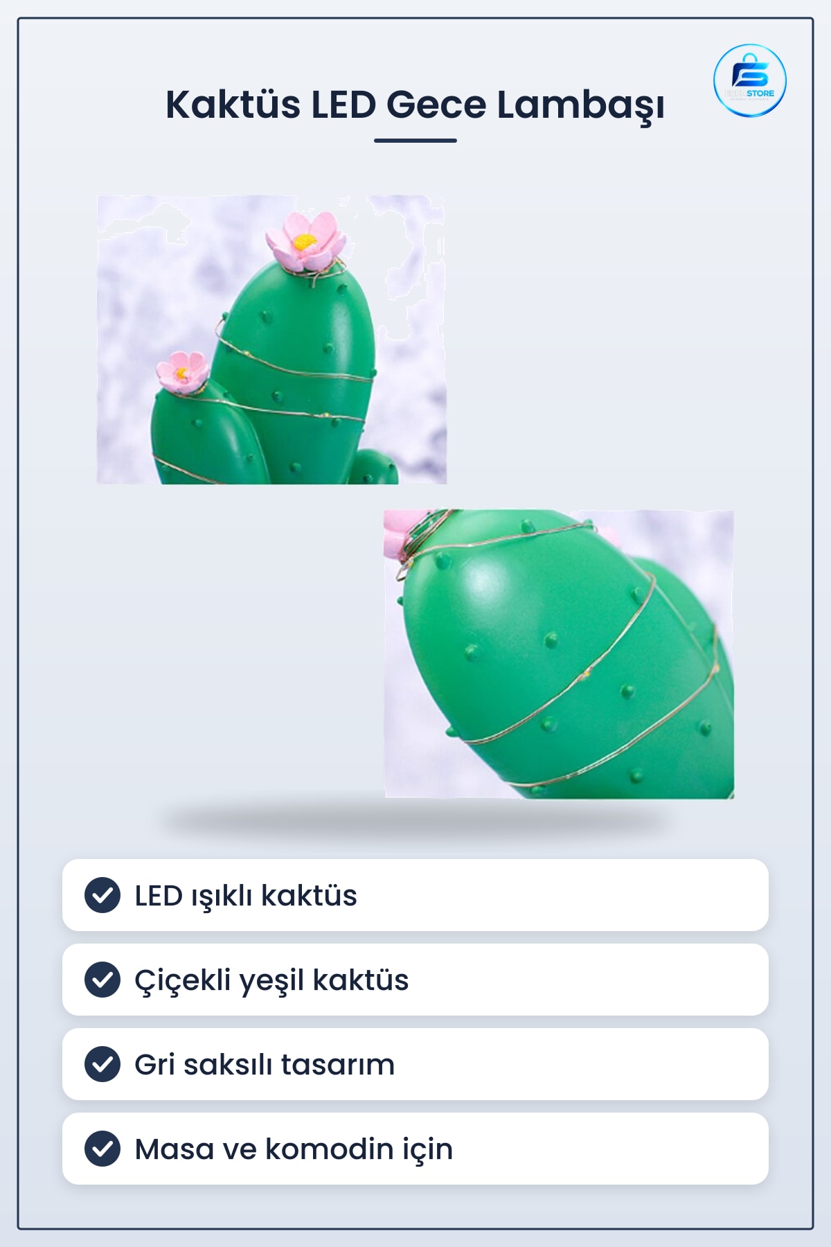 Led Işıklı Kaktüs Biblo Yeşil Masa Gece Lambası Dekoratif Ev Dekorasyon Objesi Hediyelik Eşya
