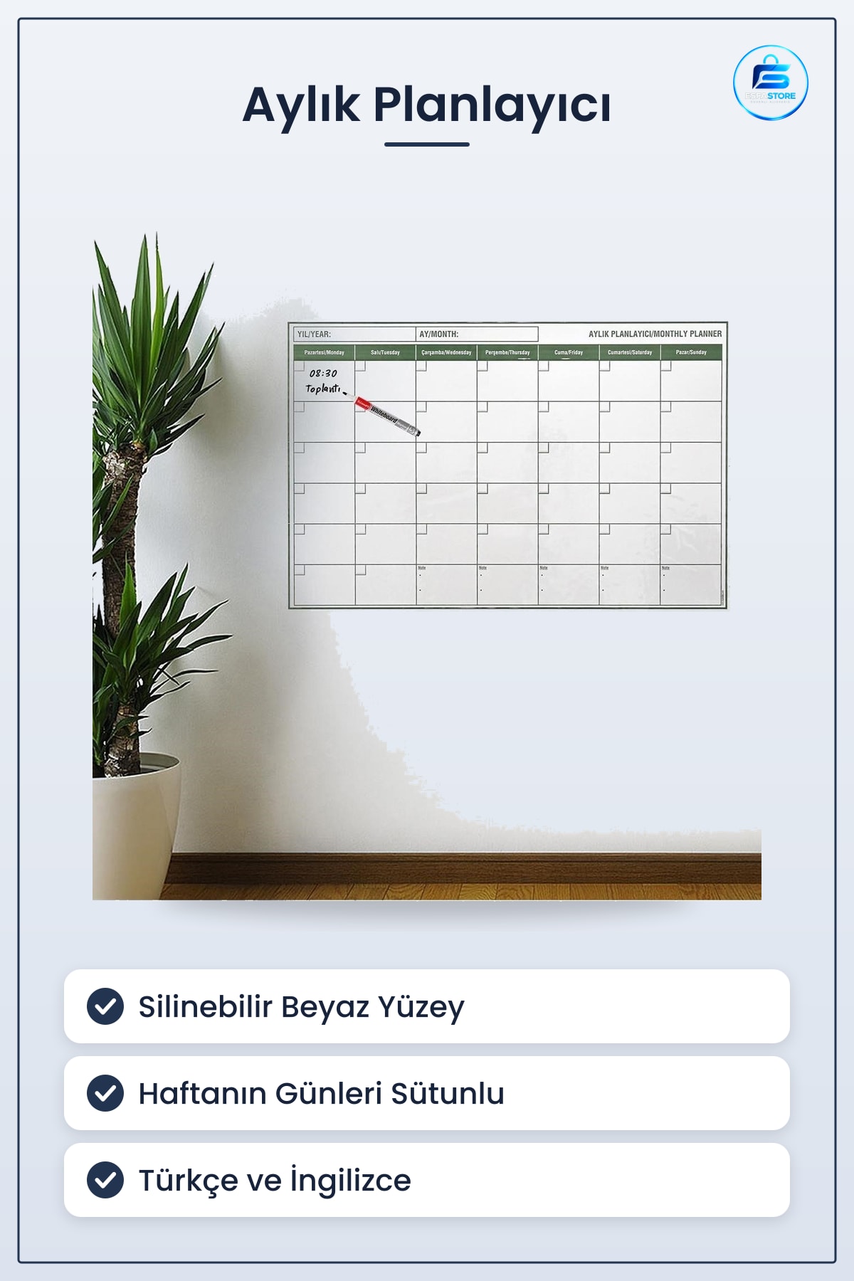 Aylık Program Planlayıcı Takvim Manyetik Yapışkanlı Silinebilir Tahta Duvar Planlayıcısı Pratik