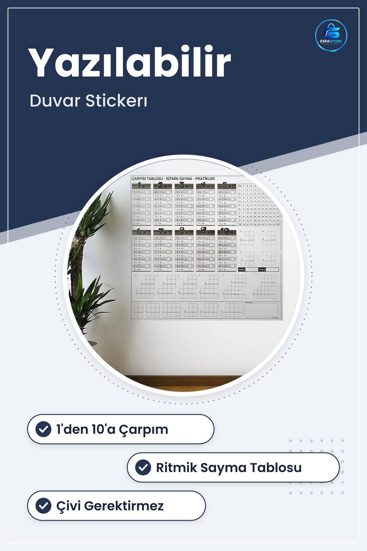 Çarpım Tablosu Ezberleme Manyetik Duvar Stickerı 105 x 100 cm Yazılabilir Çivileme Gerektirmeyen