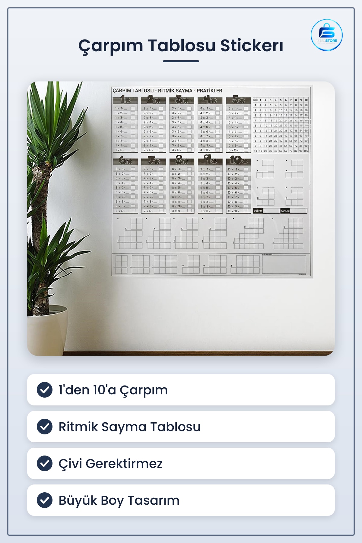 Çarpım Tablosu Ezberleme Manyetik Duvar Stickerı 105 x 100 cm Yazılabilir Çivileme Gerektirmeyen