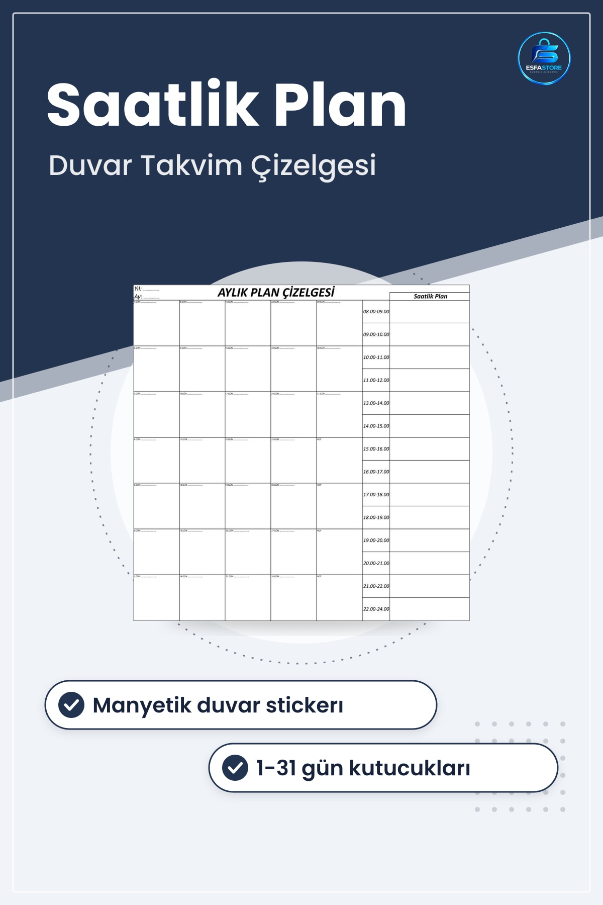 Aylık Planlayıcı Manyetik Duvar Stickerı Takvim Çizelgesi Mıknatıslı Ajanda Saatlik Plan