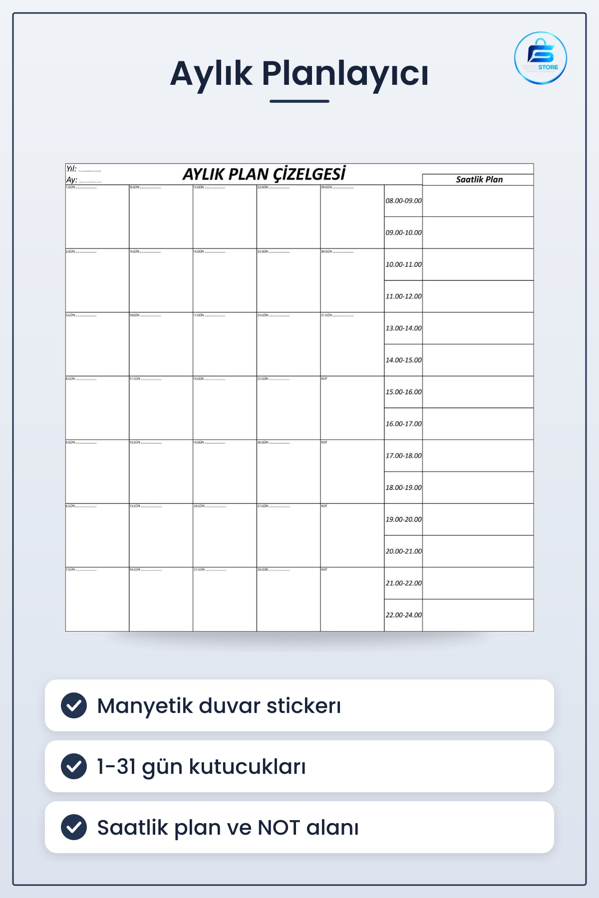 Aylık Planlayıcı Manyetik Duvar Stickerı Takvim Çizelgesi Mıknatıslı Ajanda Saatlik Plan