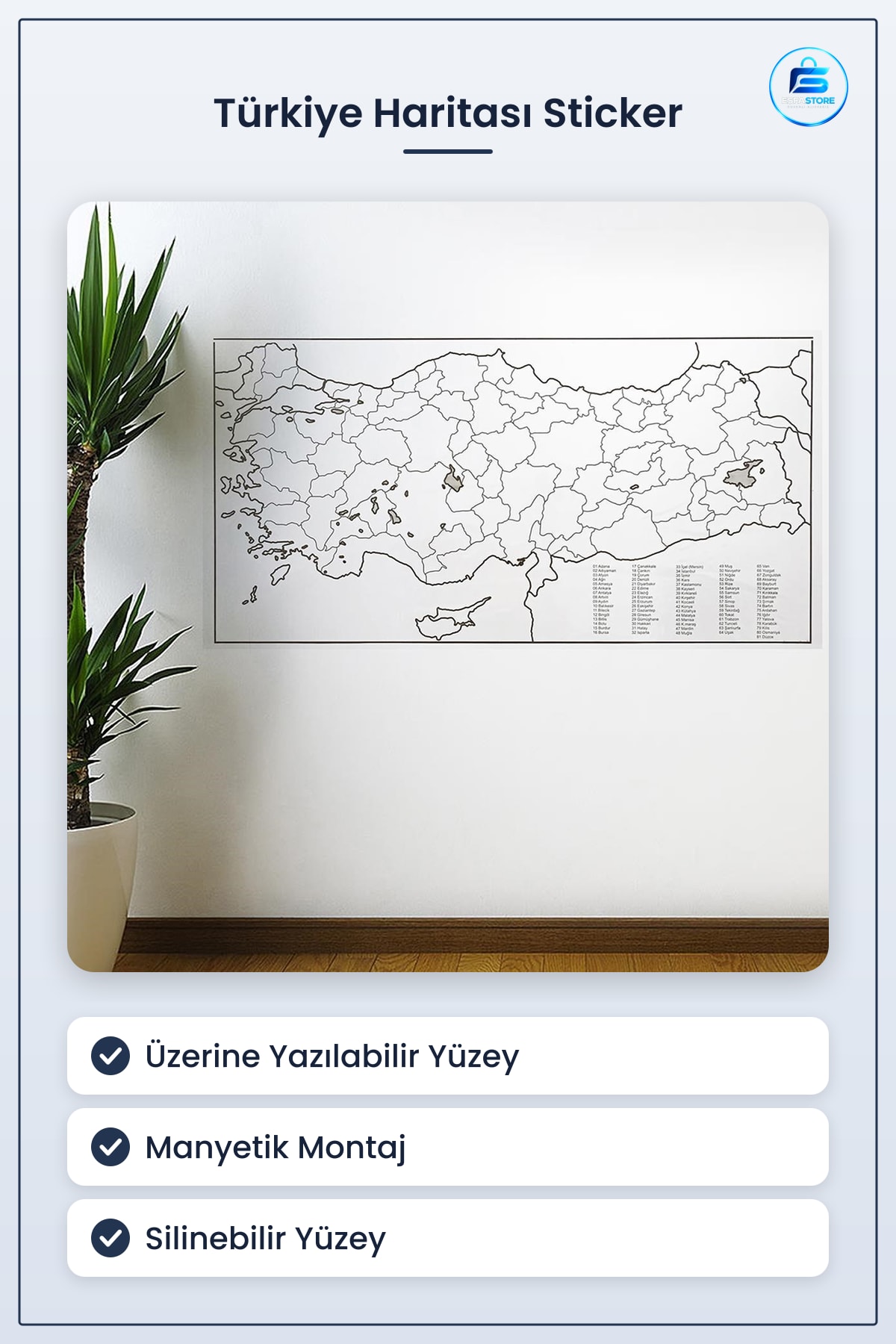 Yazılabilir Türkiye Haritası Manyetik Duvar Stickerı 110 x 56 cm Kullanışlı Dayanıklı