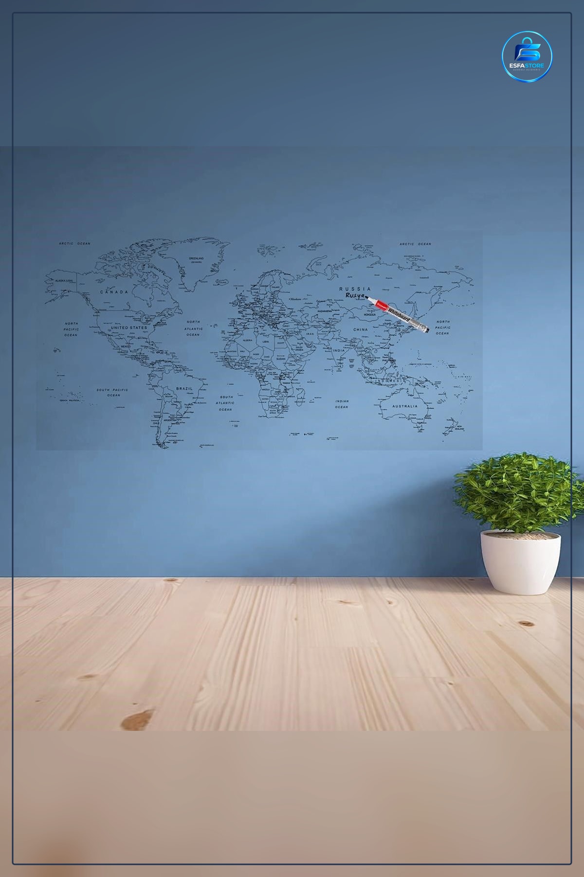 Duvar Stickerı Yazılabilir Manyetik Dünya Haritası 110 x 56 cm Yapıştırmasız Atlas Ev Dekorasyonu
