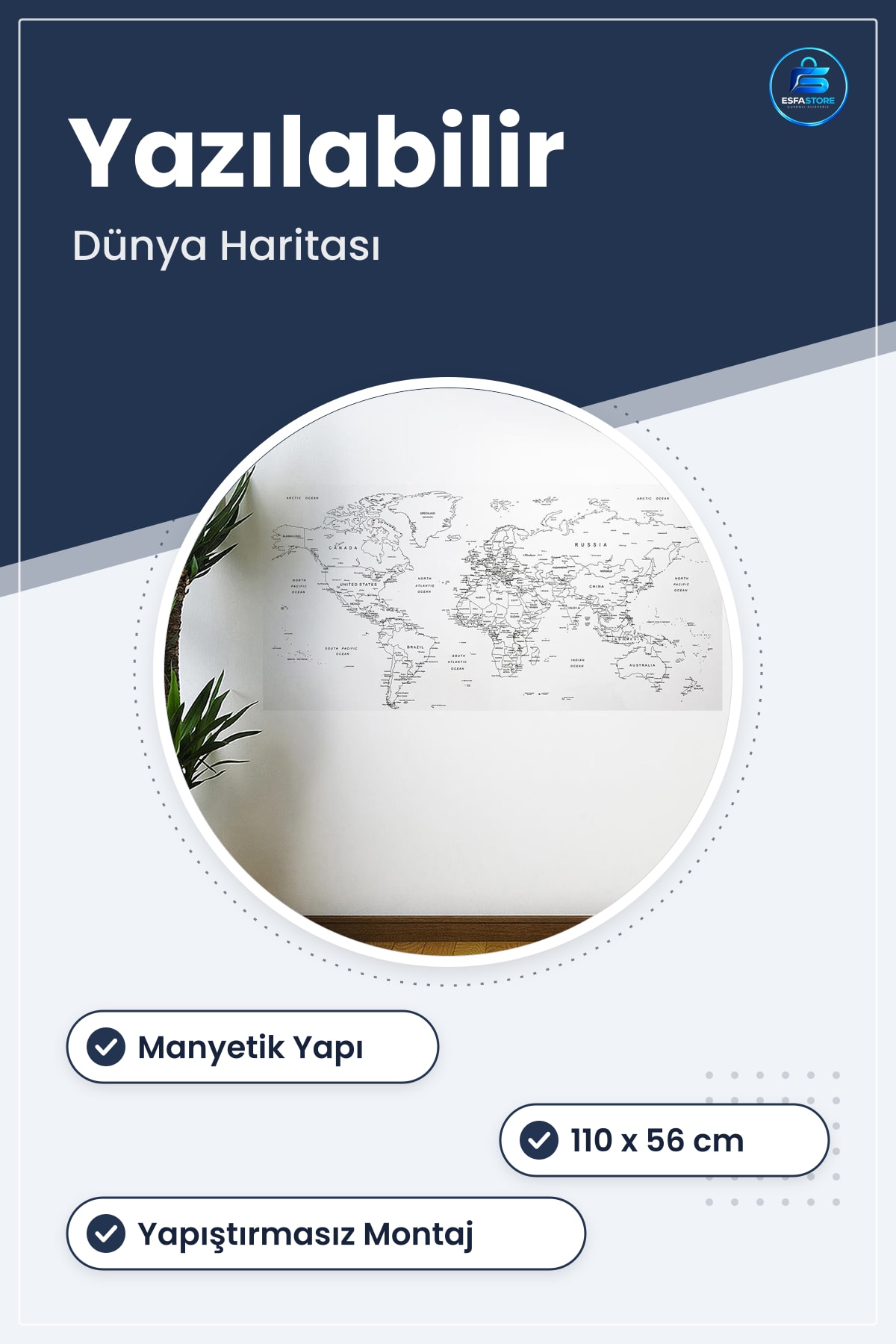 Duvar Stickerı Yazılabilir Manyetik Dünya Haritası 110 x 56 cm Yapıştırmasız Atlas Ev Dekorasyonu
