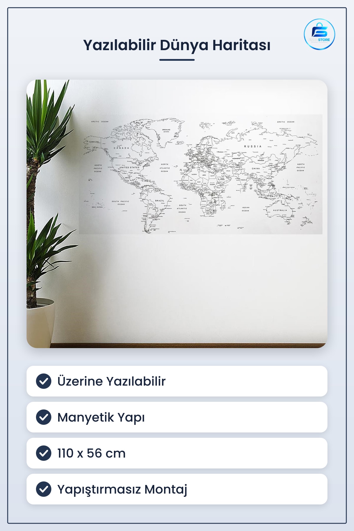 Duvar Stickerı Yazılabilir Manyetik Dünya Haritası 110 x 56 cm Yapıştırmasız Atlas Ev Dekorasyonu