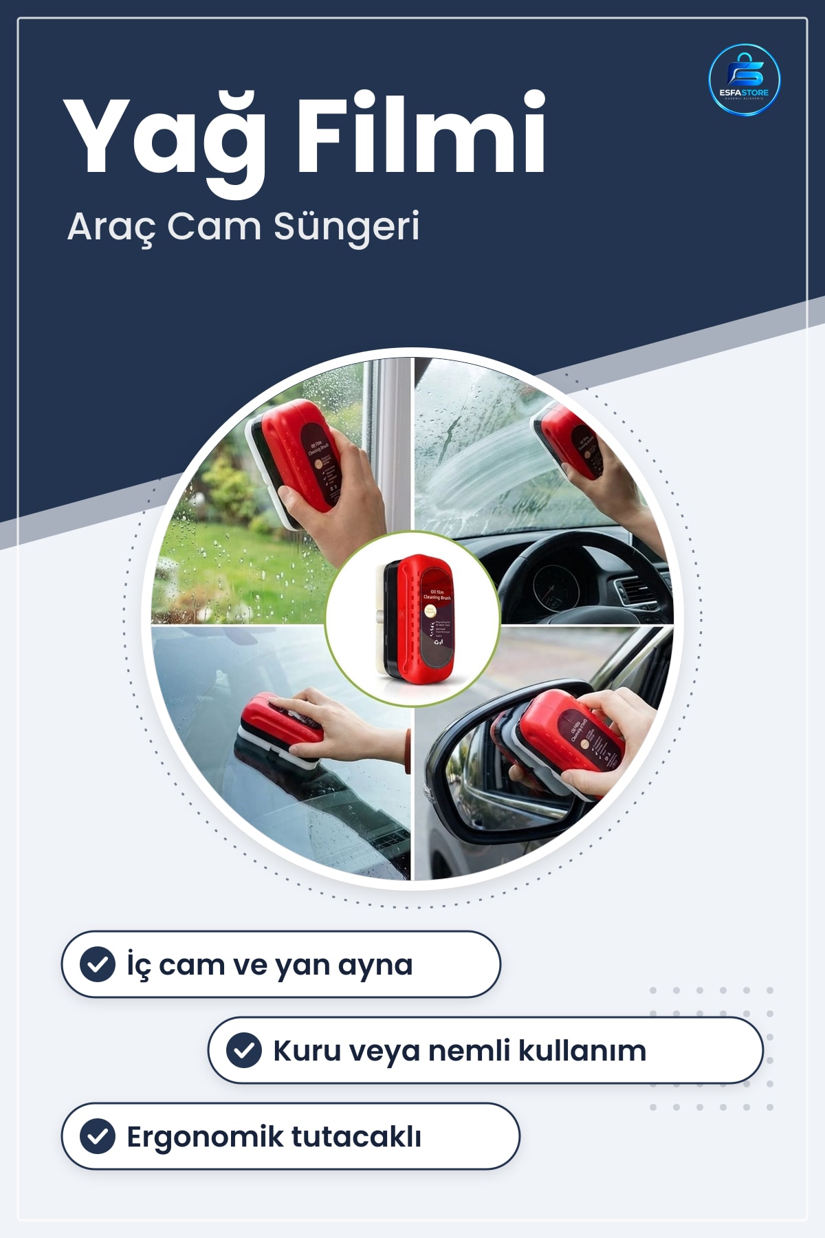 Araç Cam Buğu Önleyici Sünger Ergonomik Tutacaklı Yan Ayna ve İç Yüzey Yağ Filmi Temizleyici