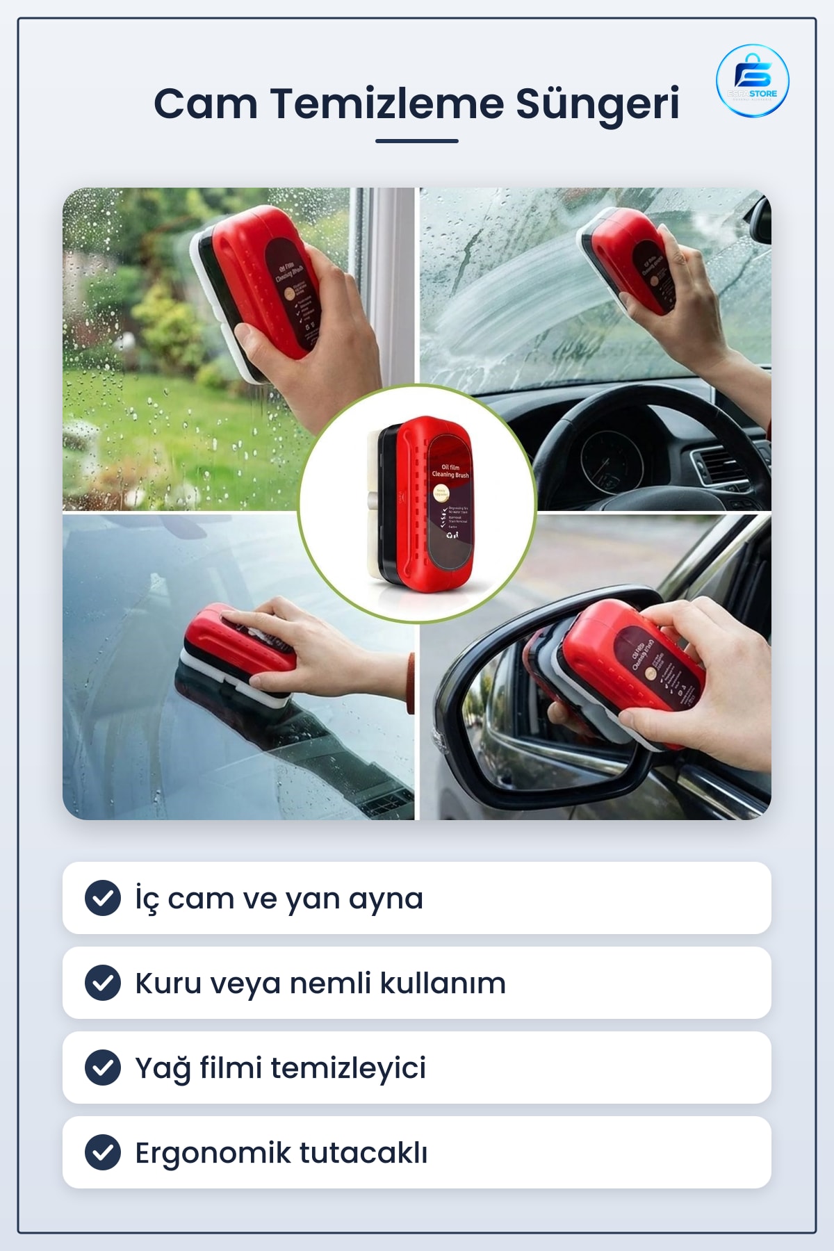 Araç Cam Buğu Önleyici Sünger Ergonomik Tutacaklı Yan Ayna ve İç Yüzey Yağ Filmi Temizleyici