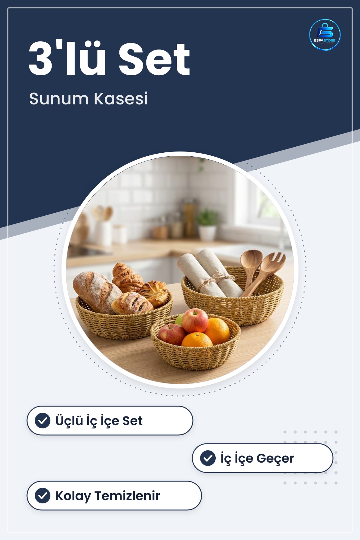 Plastik Rattan Çanak Seti Hasır Görünümlü İç İçe Geçebilen Sunum Kasesi Mutfak Organizer