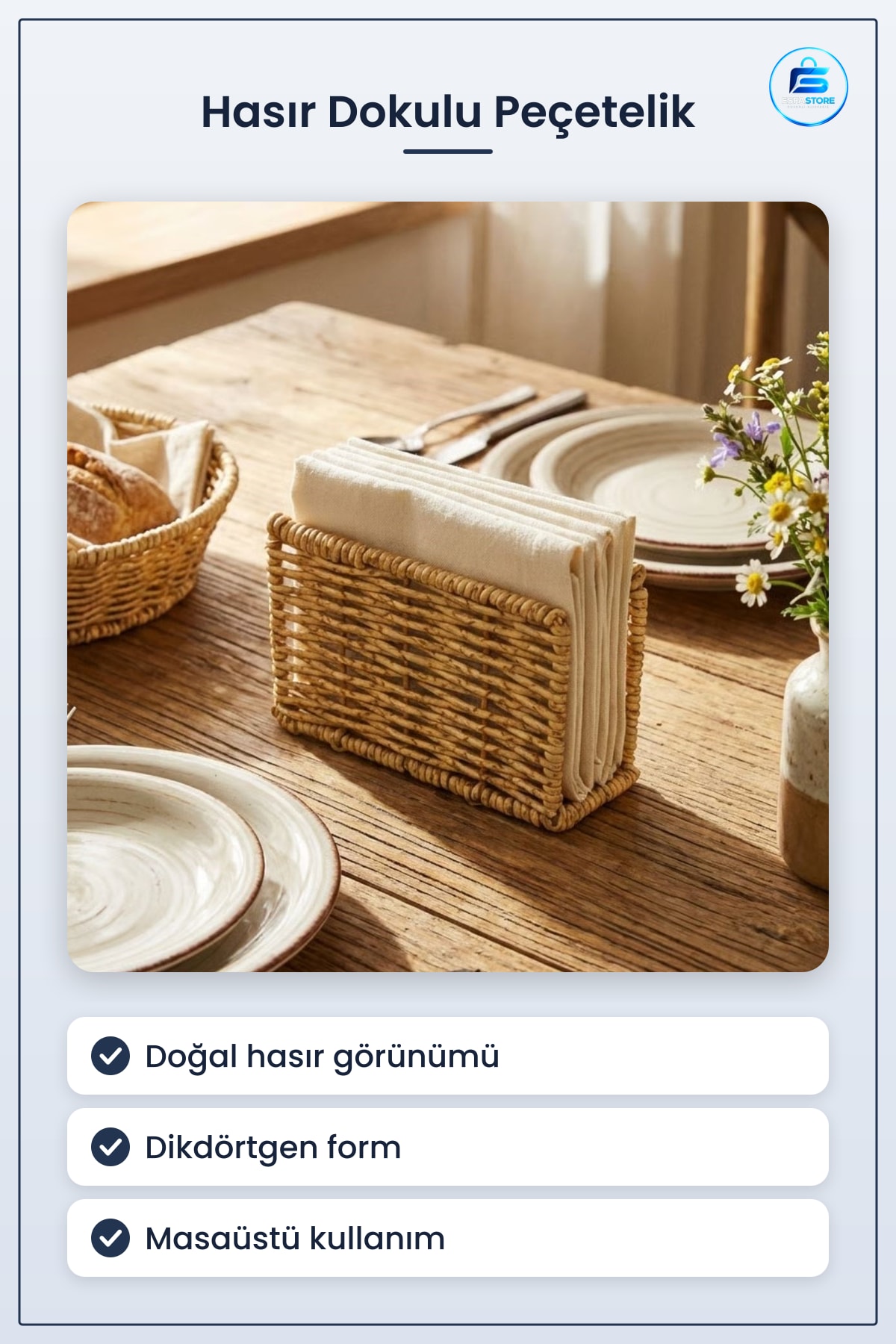 Dekoratif Plastik Rattan Dikdörtgen Peçetelik Doğal Hasır Dokulu Masaüstü Peçete Standı Hediyelik