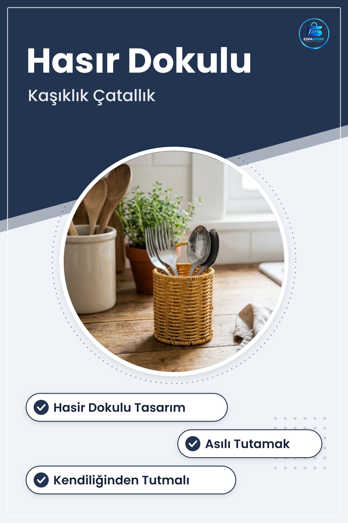 Yuvarlak Hasır Dokulu Plastik Rattan Kaşıklık Çatallık Kendiliğinden Tutmalı Mutfak Organizeri