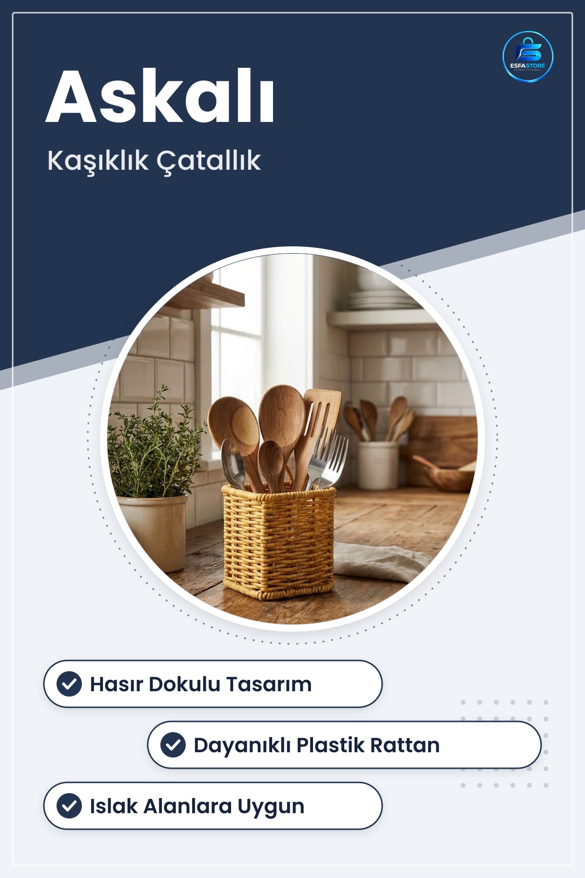 Hasır Dokulu Plastik Rattan Kaşıklık Çatallık Askılı Kendiliğinden Tutmalı Mutfak Organizeri