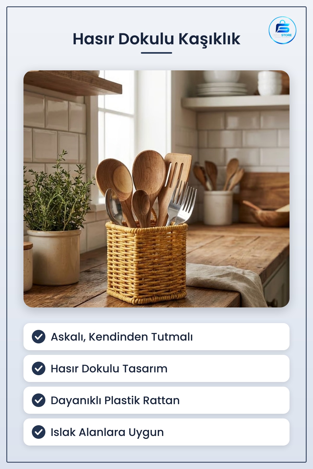 Hasır Dokulu Plastik Rattan Kaşıklık Çatallık Askılı Kendiliğinden Tutmalı Mutfak Organizeri