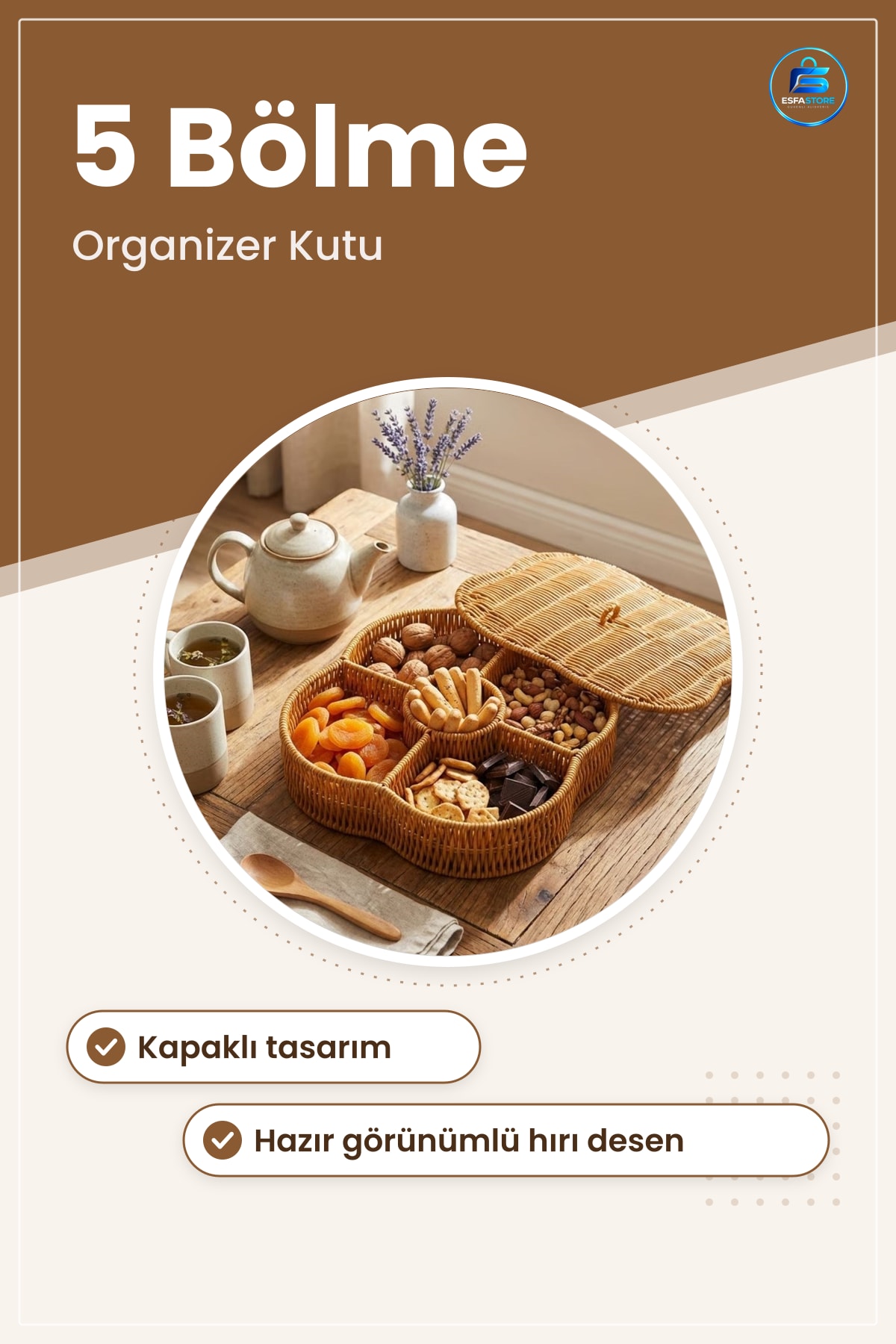 Kapaklı Bölmeli Plastik Rattan Organizer Kutu Hasır Desenli Çok Amaçlı Saklama ve Sunum Sepeti